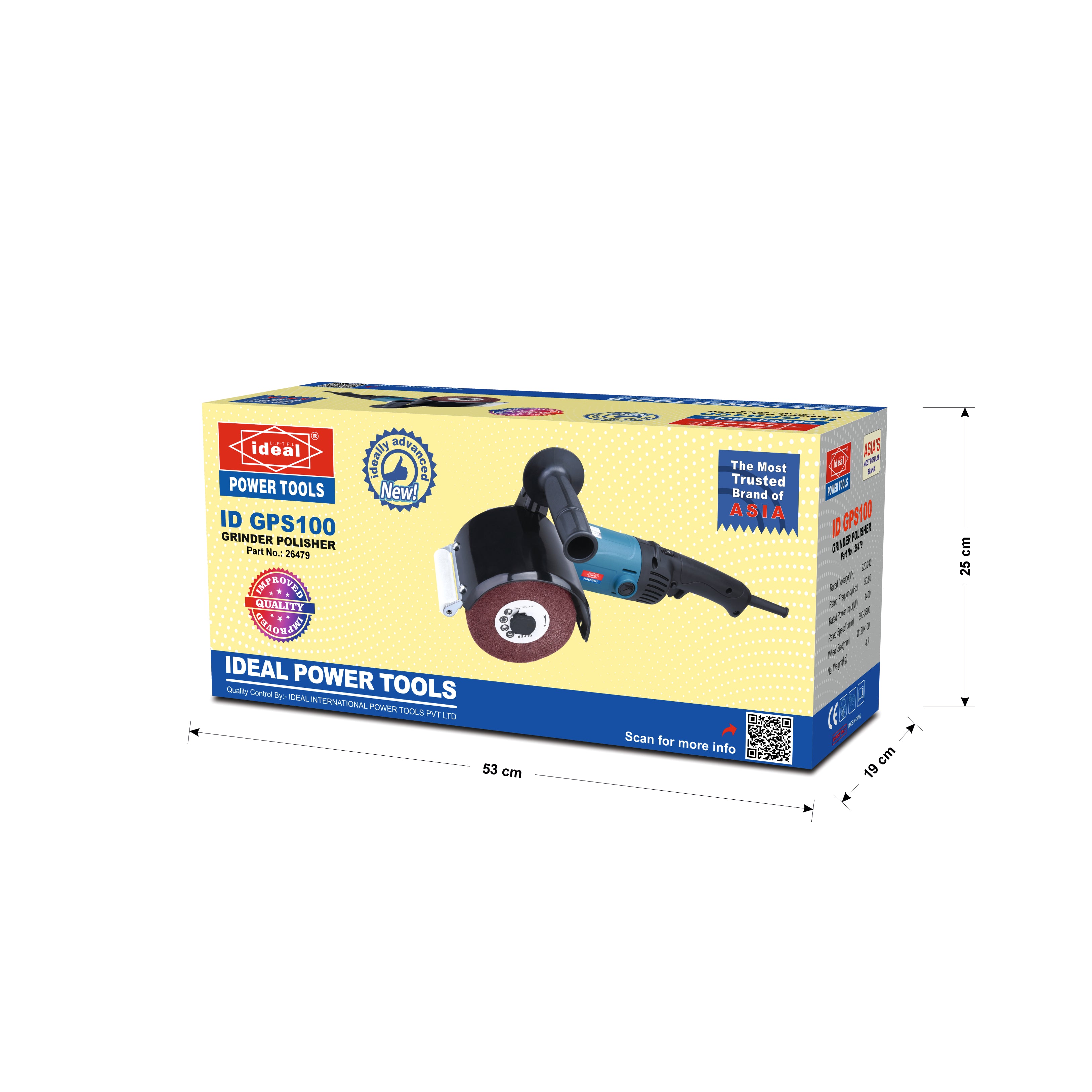 A yellow and blue retail box for an Ideal Power Tools 1D GPS100 cordless grinder, shown on a white background with dimension lines indicating 53 cm, 18 cm, and 33 cm.