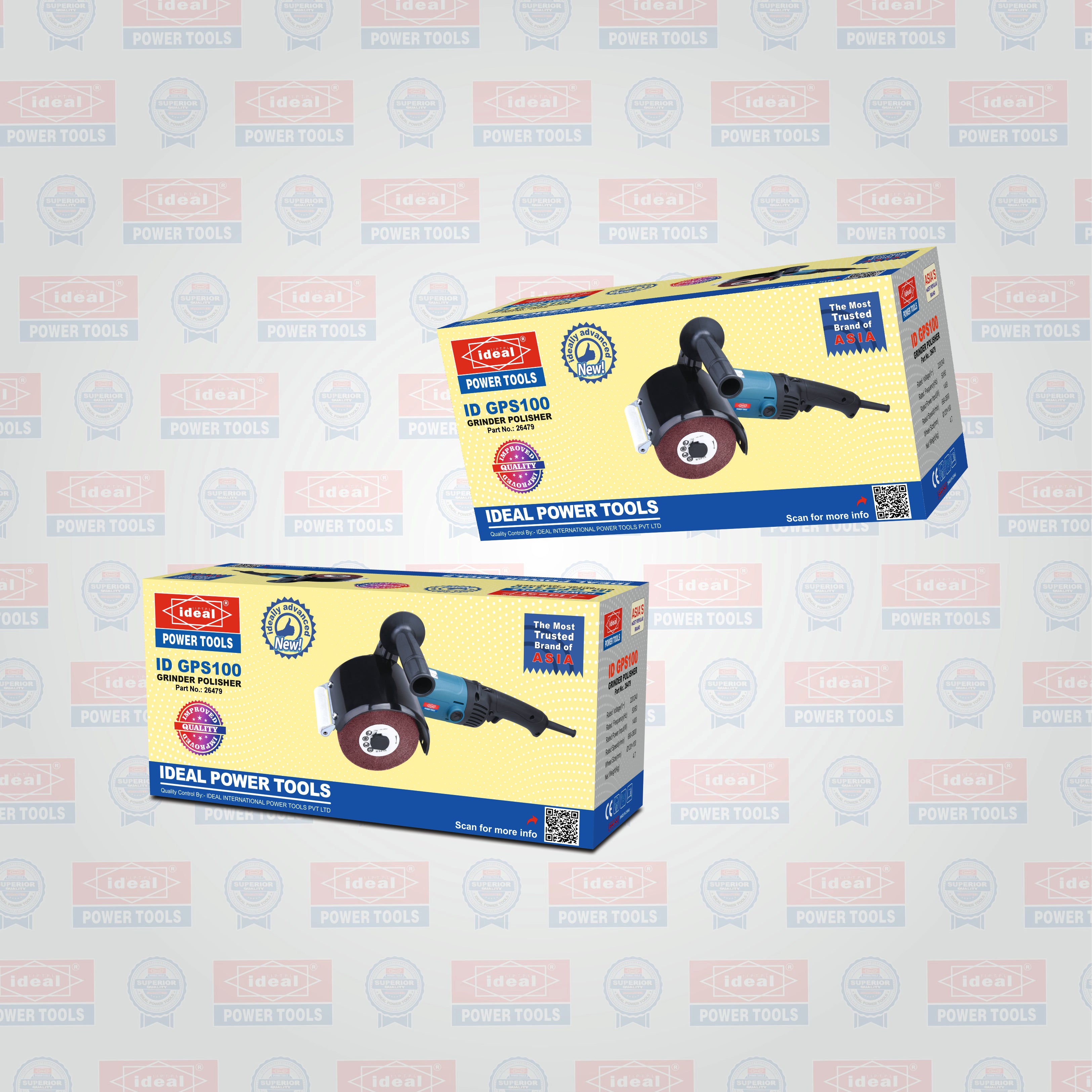 Two retail boxes of Ideal Power Tools ID GPS100 grinding polisher shown on a light patterned background.