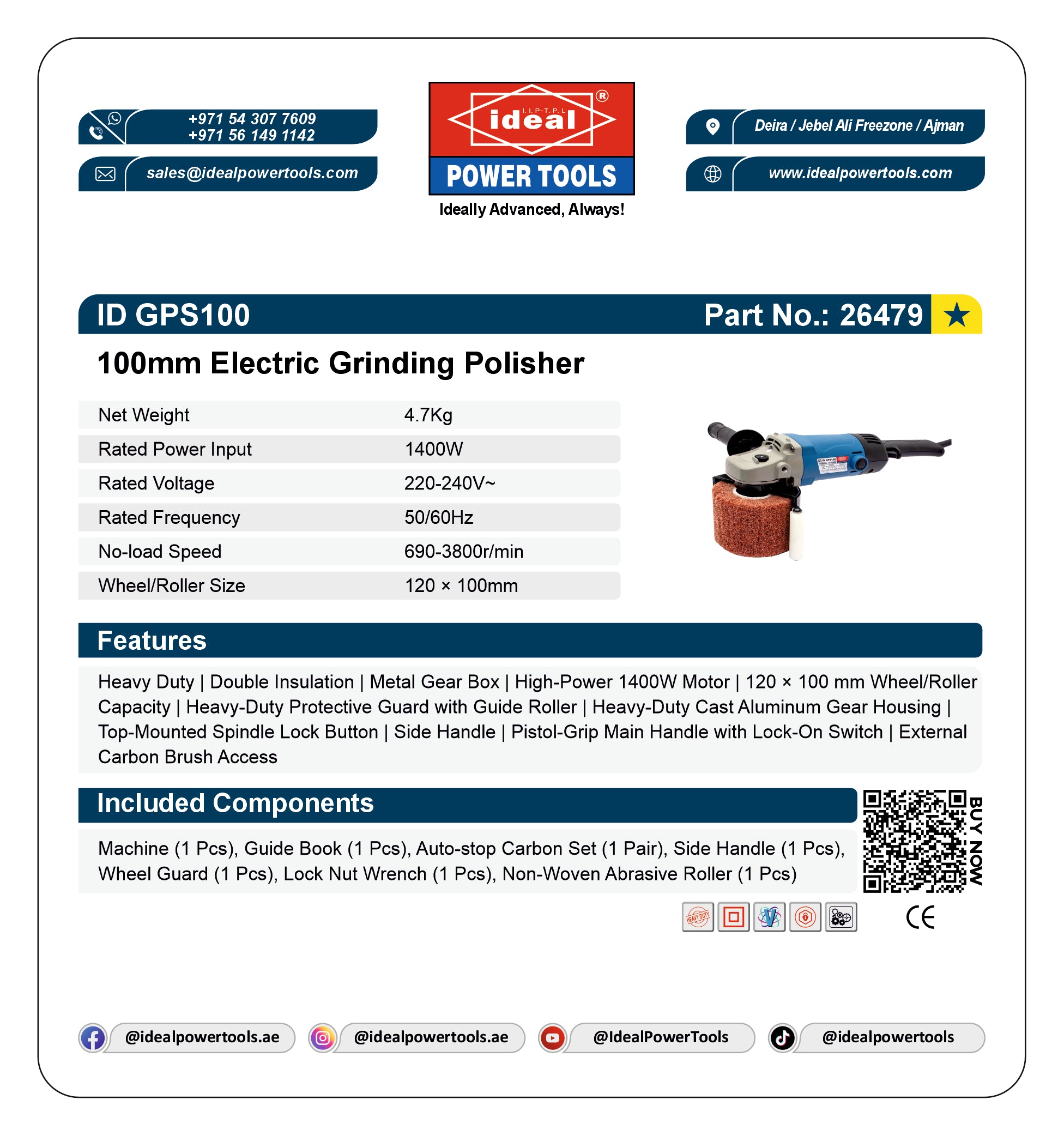 A white product information card for the ID GPS100 Electric Grinding Polisher by Ideal Power Tools, featuring specifications, features, included components, and a QR code.