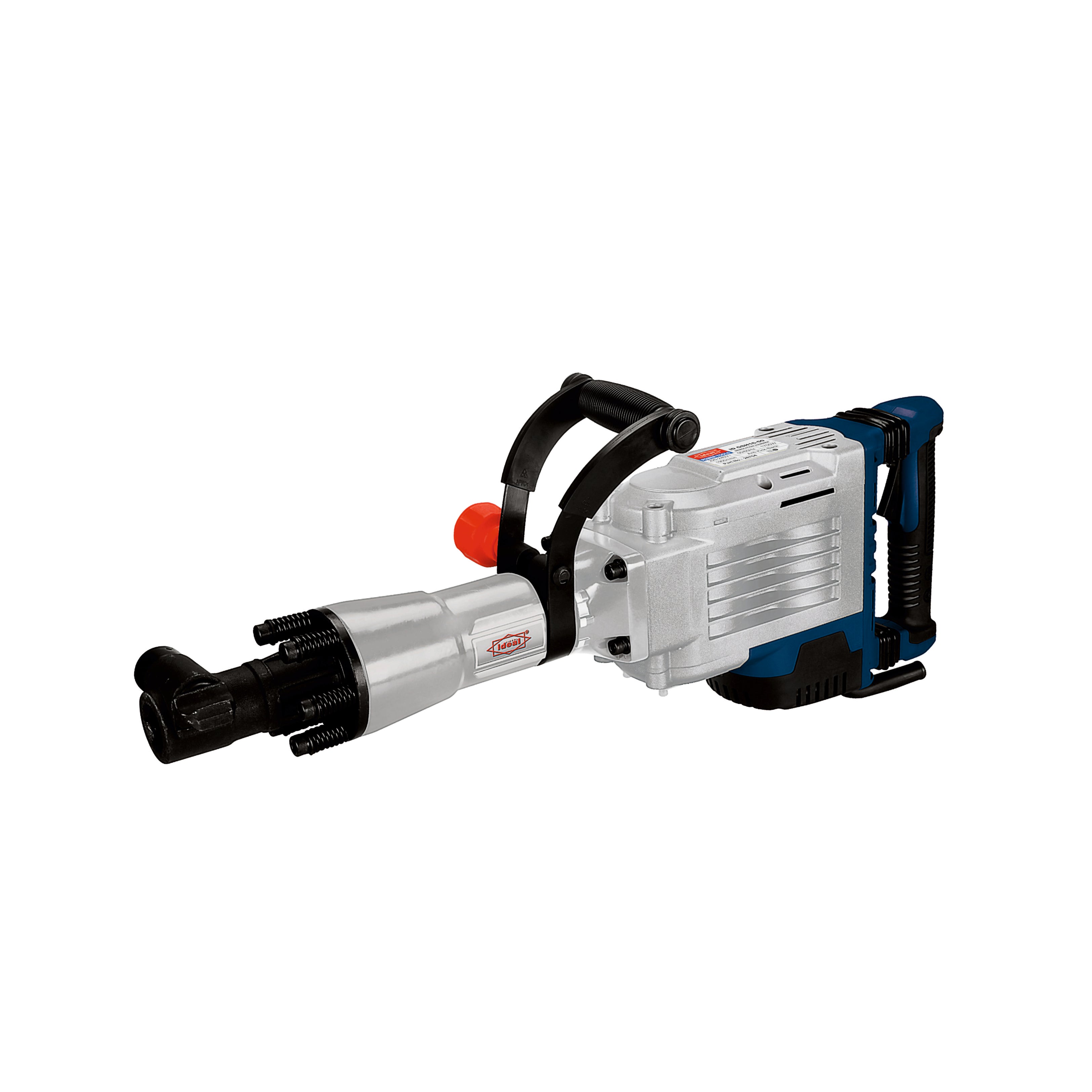 A Demolition Hammer drill with a silver metal body, blue and black plastic housing, black handles, and a red release button, shown on a plain white background.