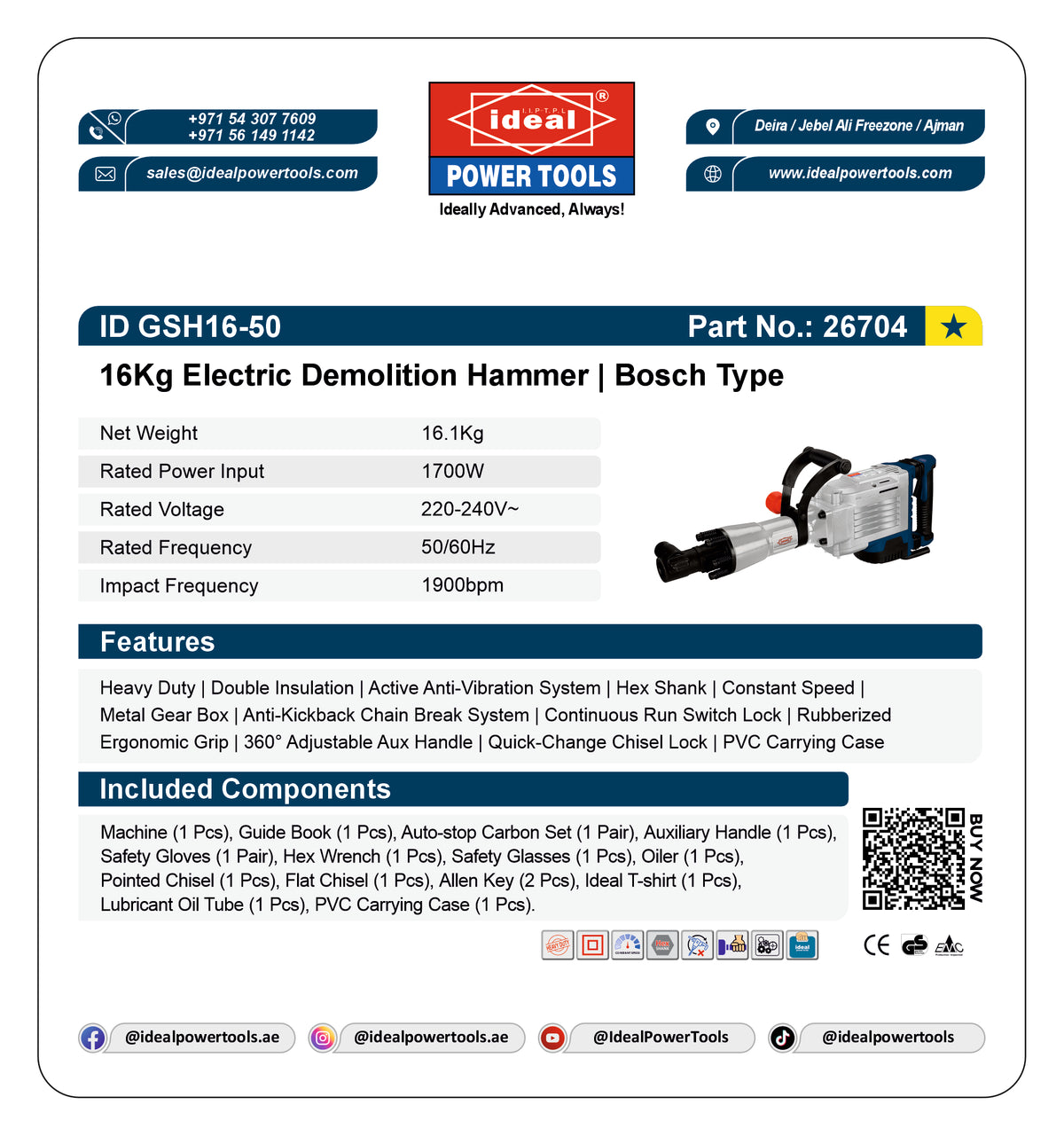 A product specification and components list card for the Ideal Power Tools Bosch Type 16Kg Electric Demolition Hammer, model ID G16H-50, Part No. 26704.