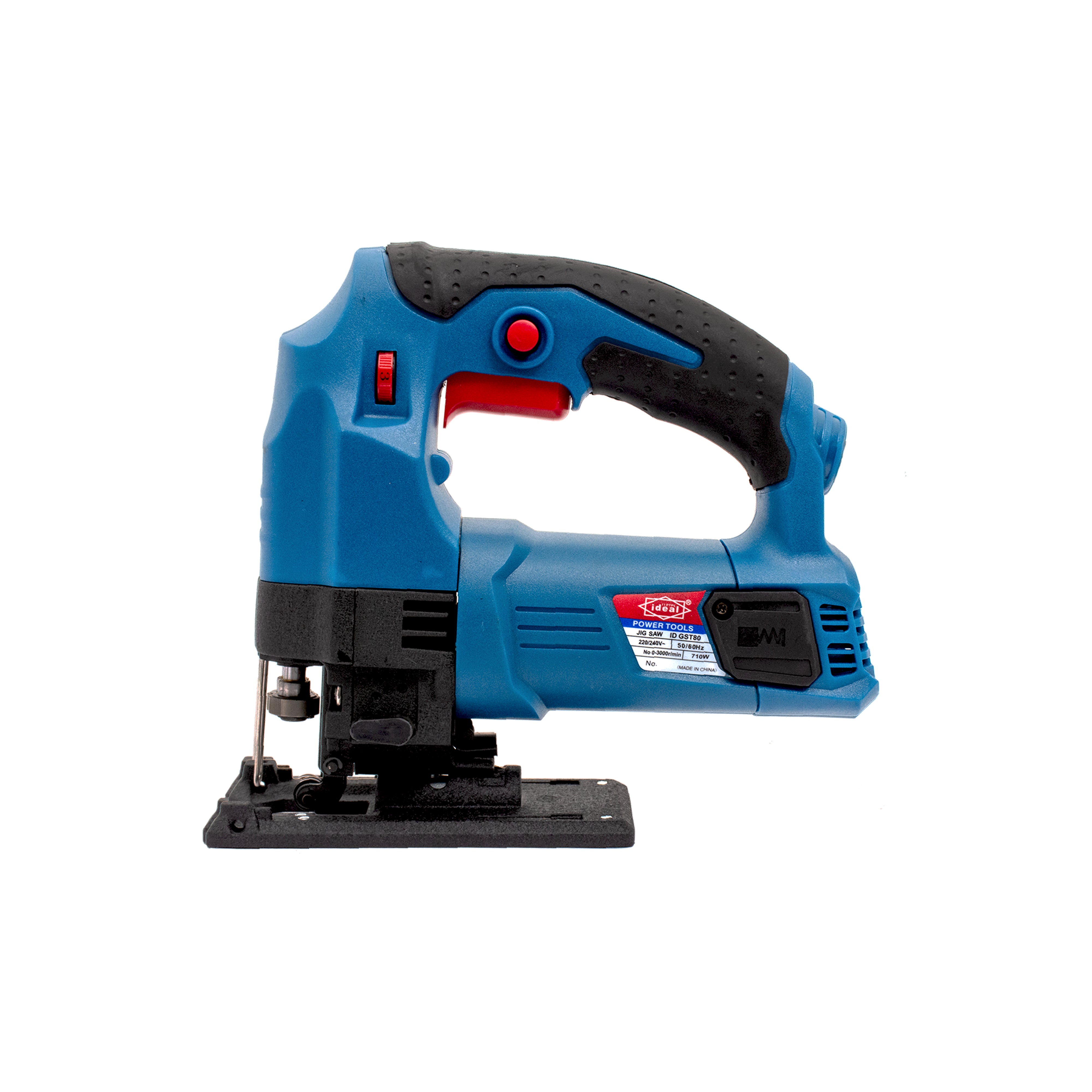 Blue and black cordless jigsaw on a white background
