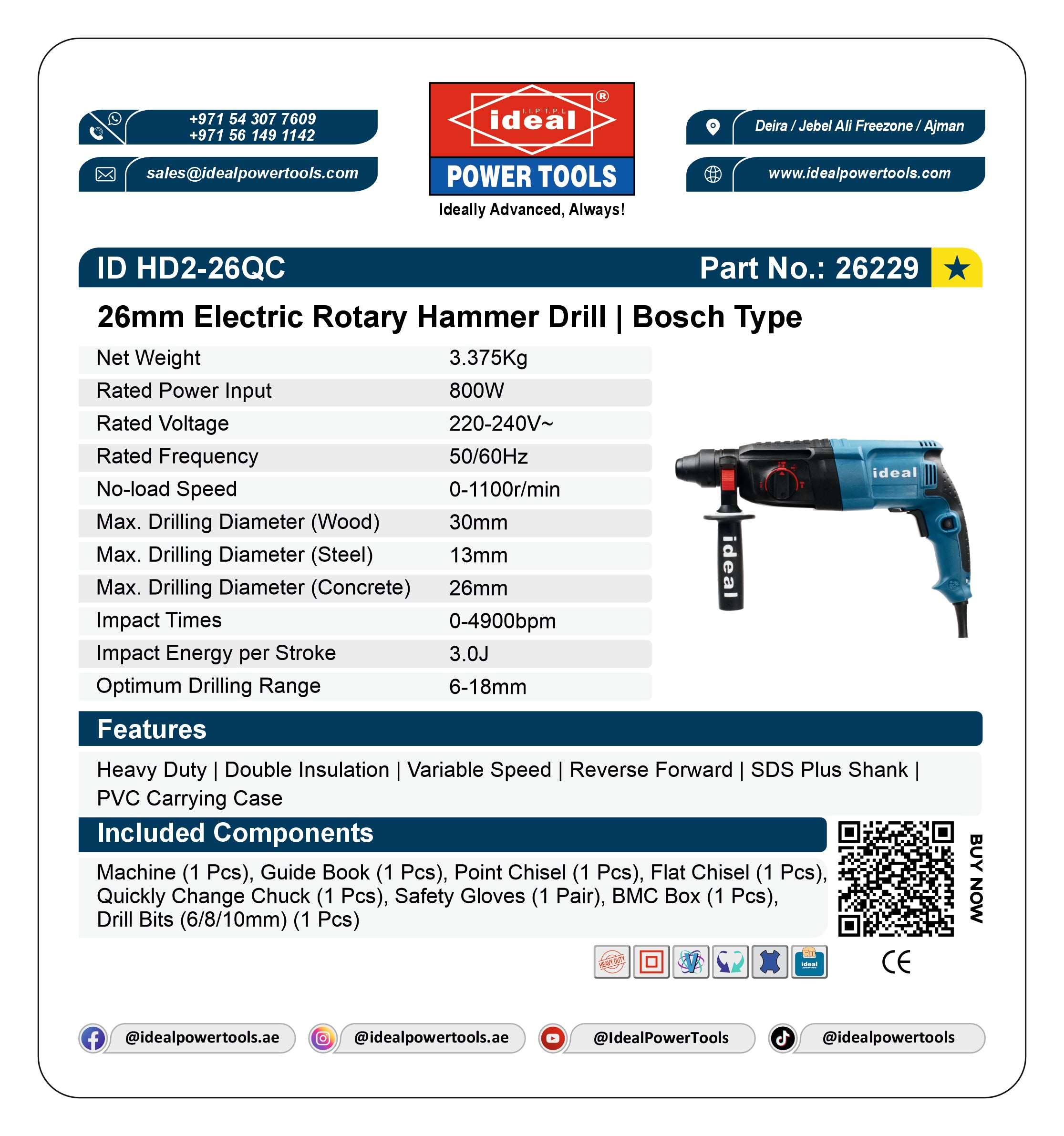 ID HD2-26QC SDS Plus Rotary Hammer Drill | 800W Concrete Drill