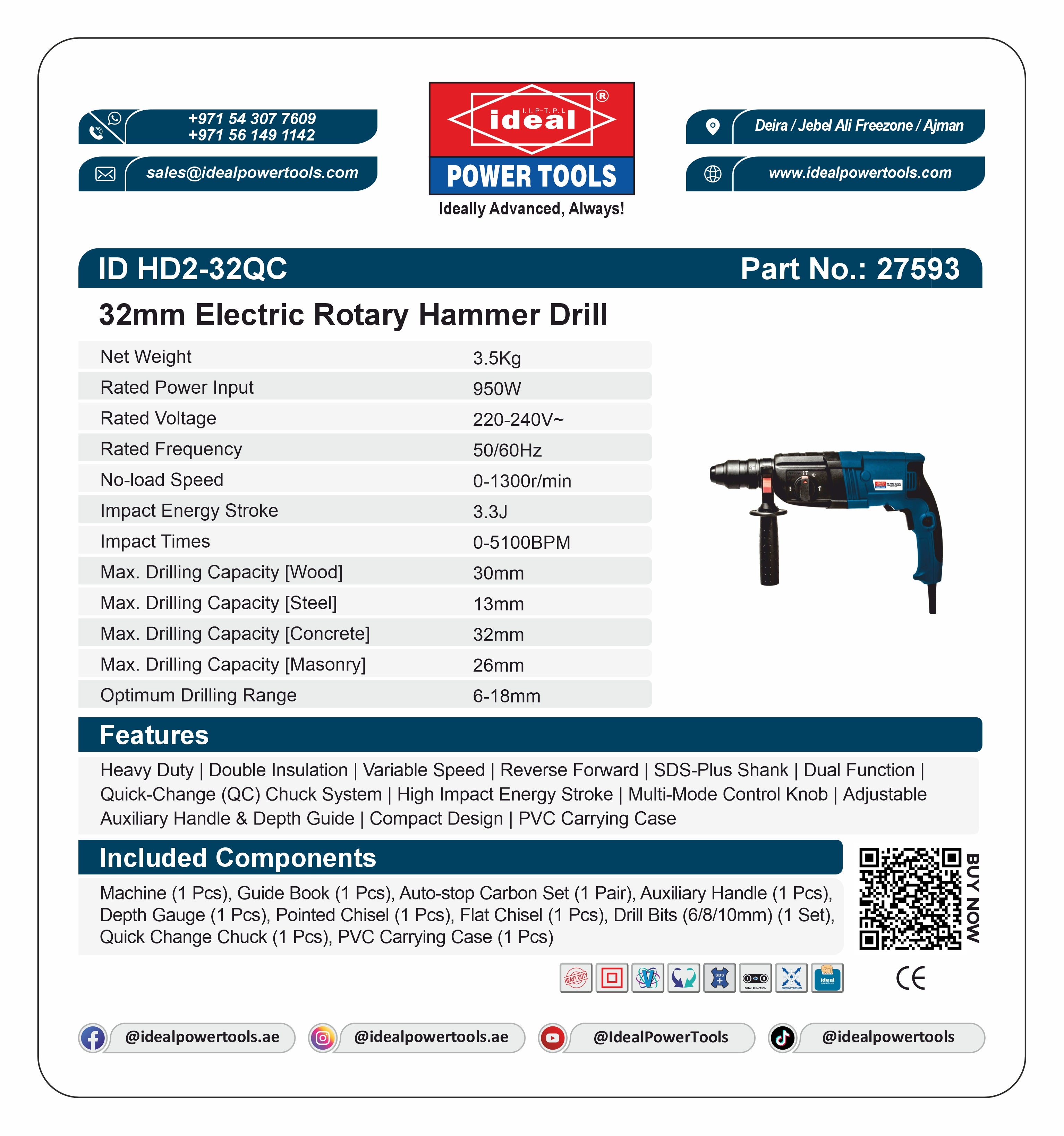 ID HD2-32QC ELECTRIC ROTARY HAMMER DRILL MACHINE [G-240V] - 27593