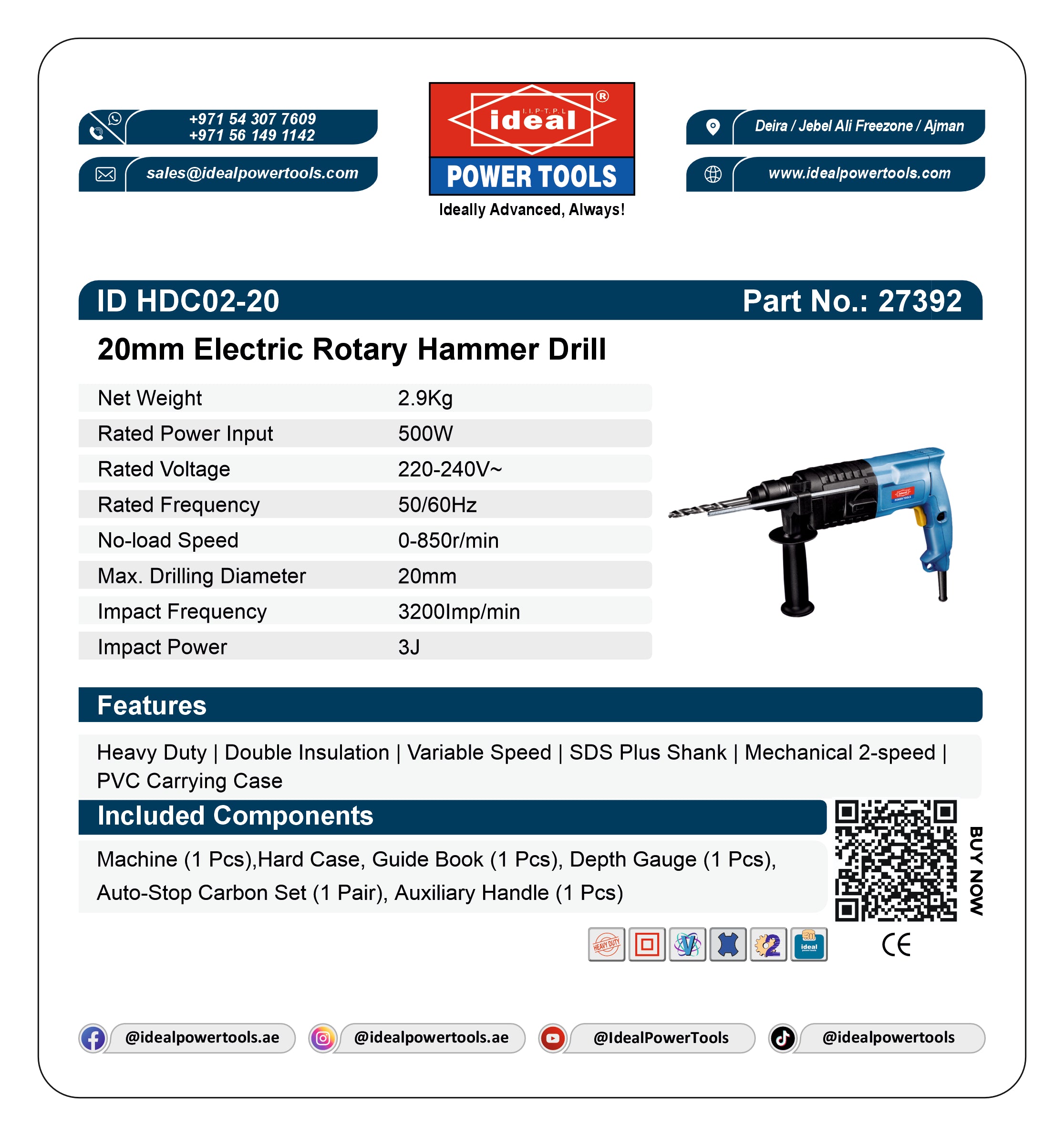 ID HDC02-20 ELECTRIC ROTARY HAMMER DRILL MACHINE [G-240V] - 27392