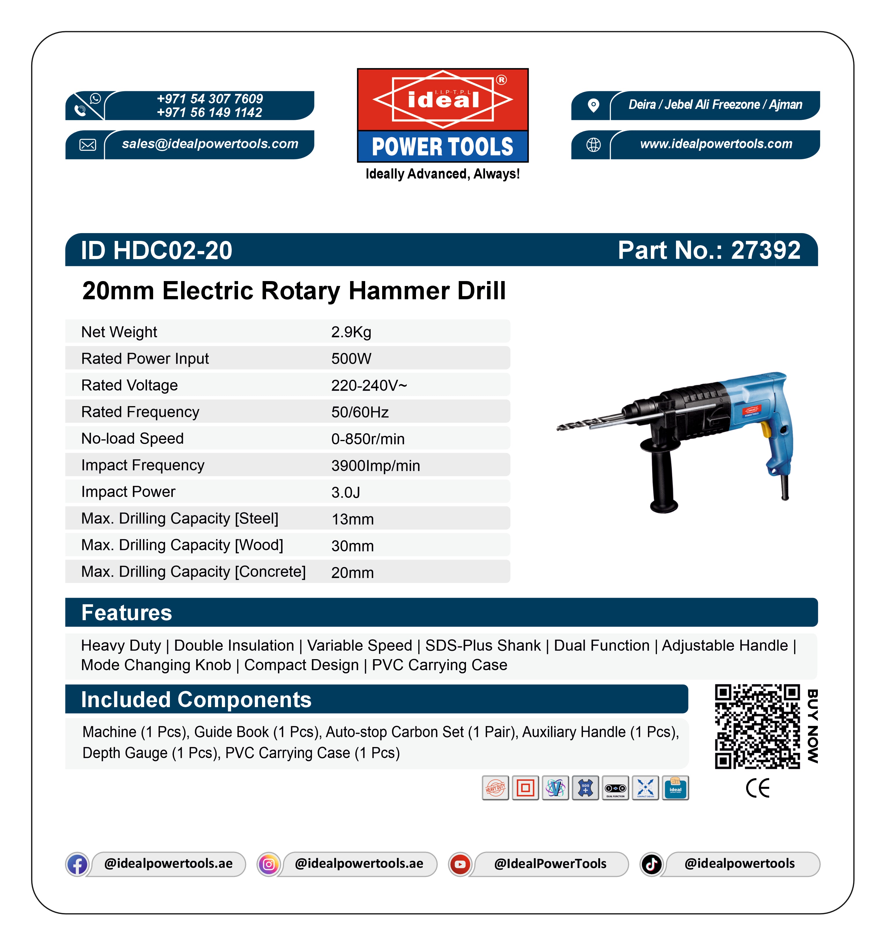 ID HDC02-20 ELECTRIC ROTARY HAMMER DRILL MACHINE [G-240V] - 27392