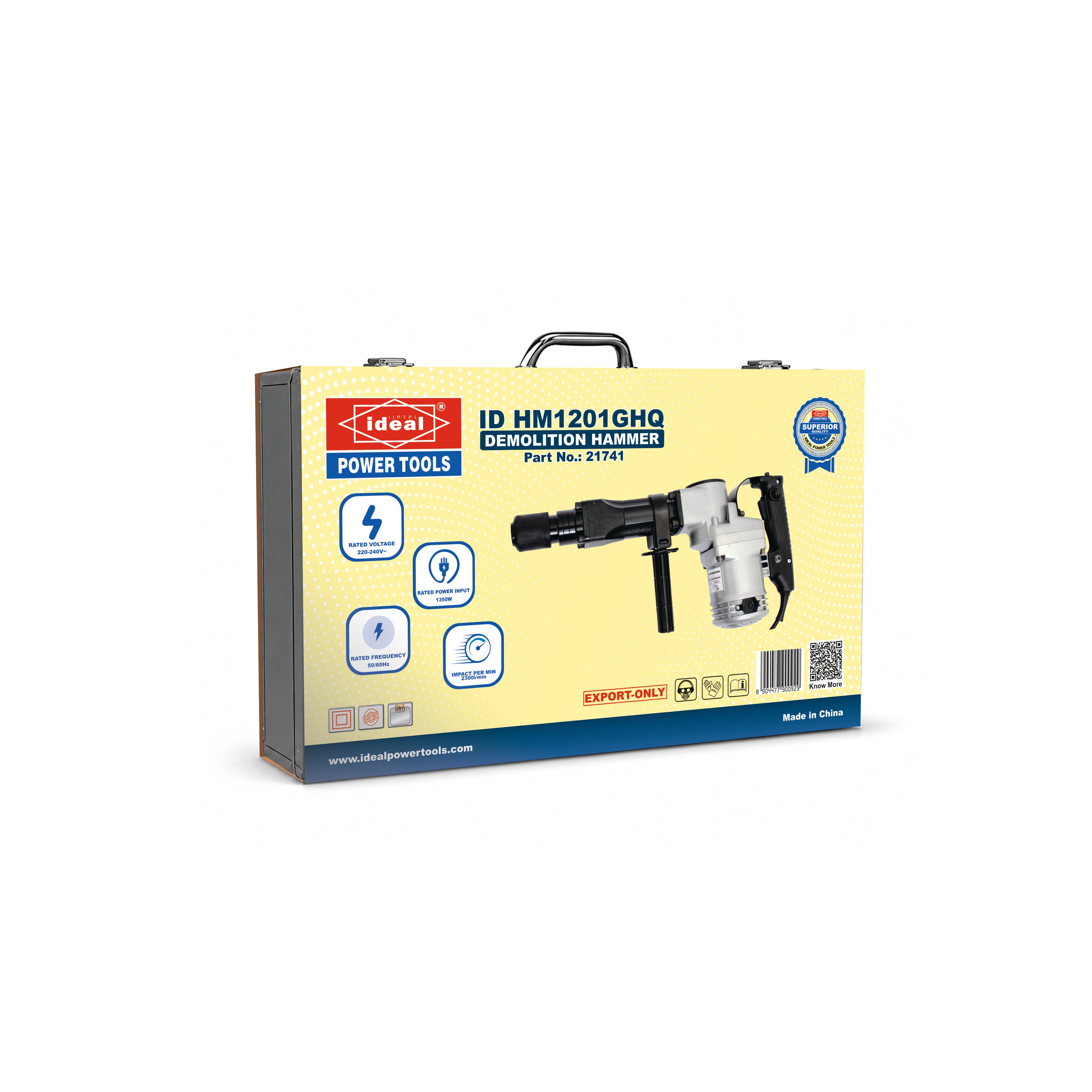 A yellow retail box for an Ideal power tool, shown on a plain white background. The box features a handle, a printed image of the hammer, and text identifying it as an ID HM1201GHQ demolition hammer.