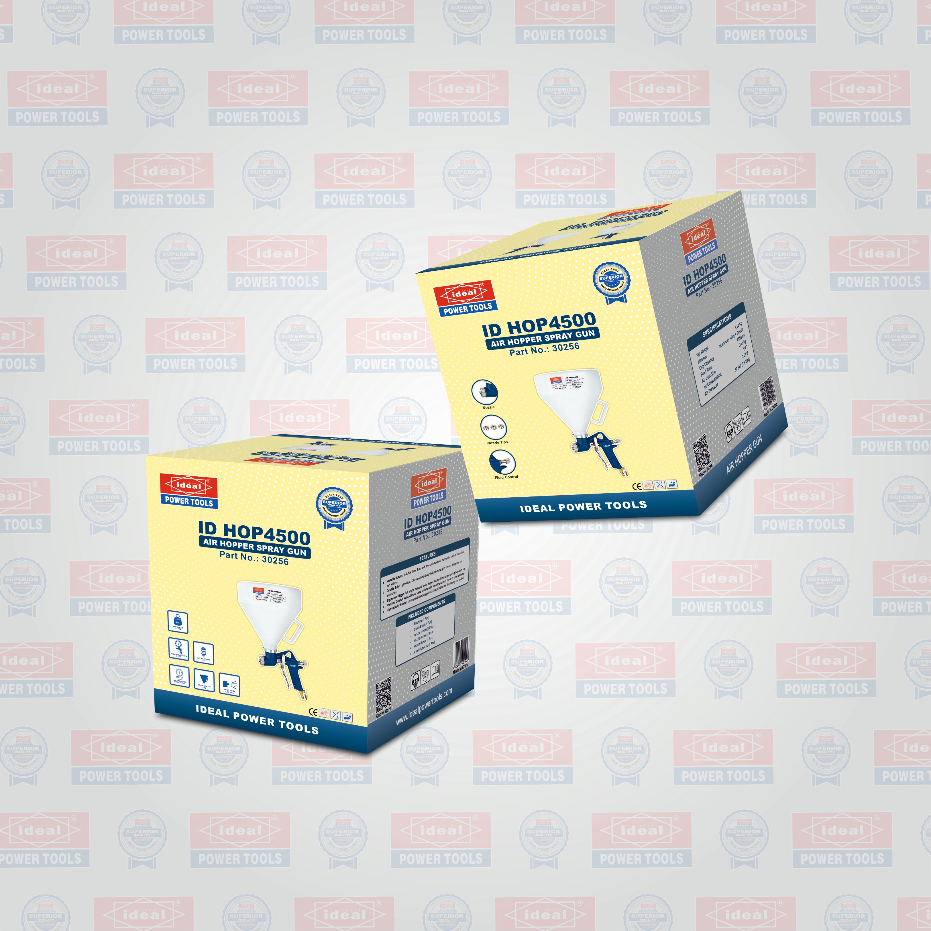 Two boxes of Ideal Power Tools spray gun on a branded background