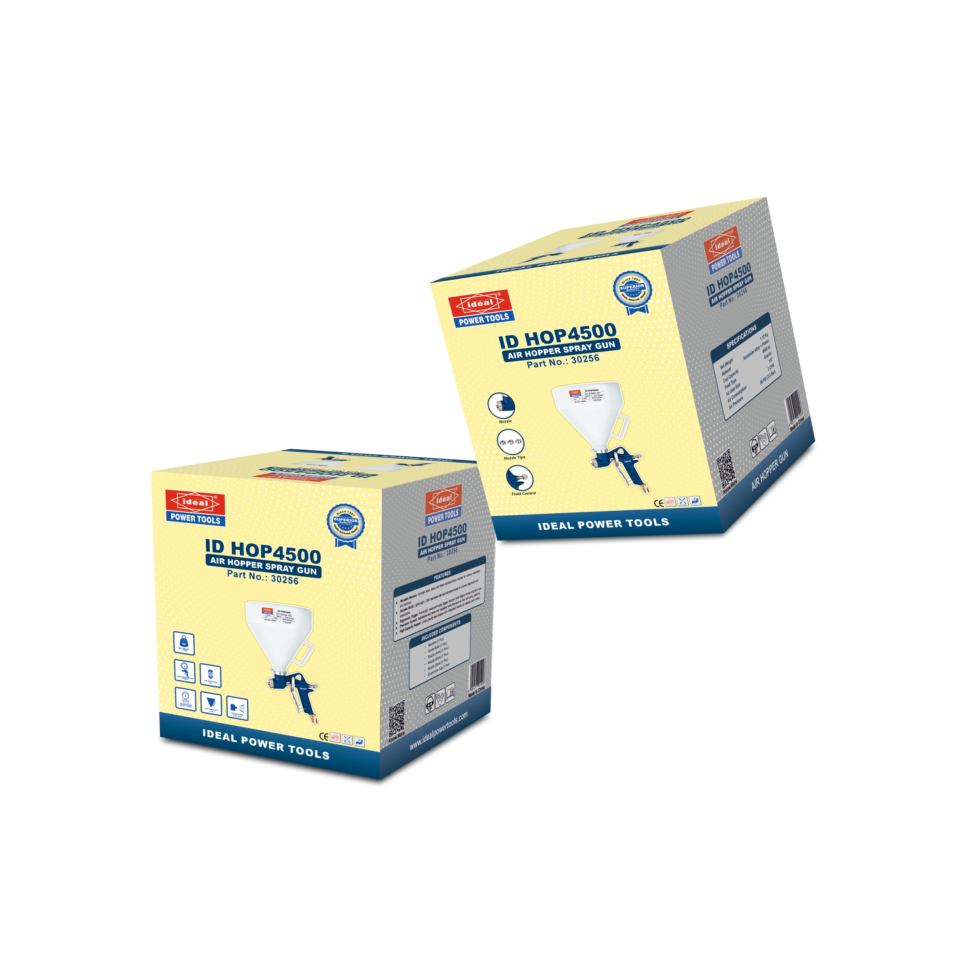 Two boxes of Ideal Power Tools spray gun machine with a yellow and blue design on a white background