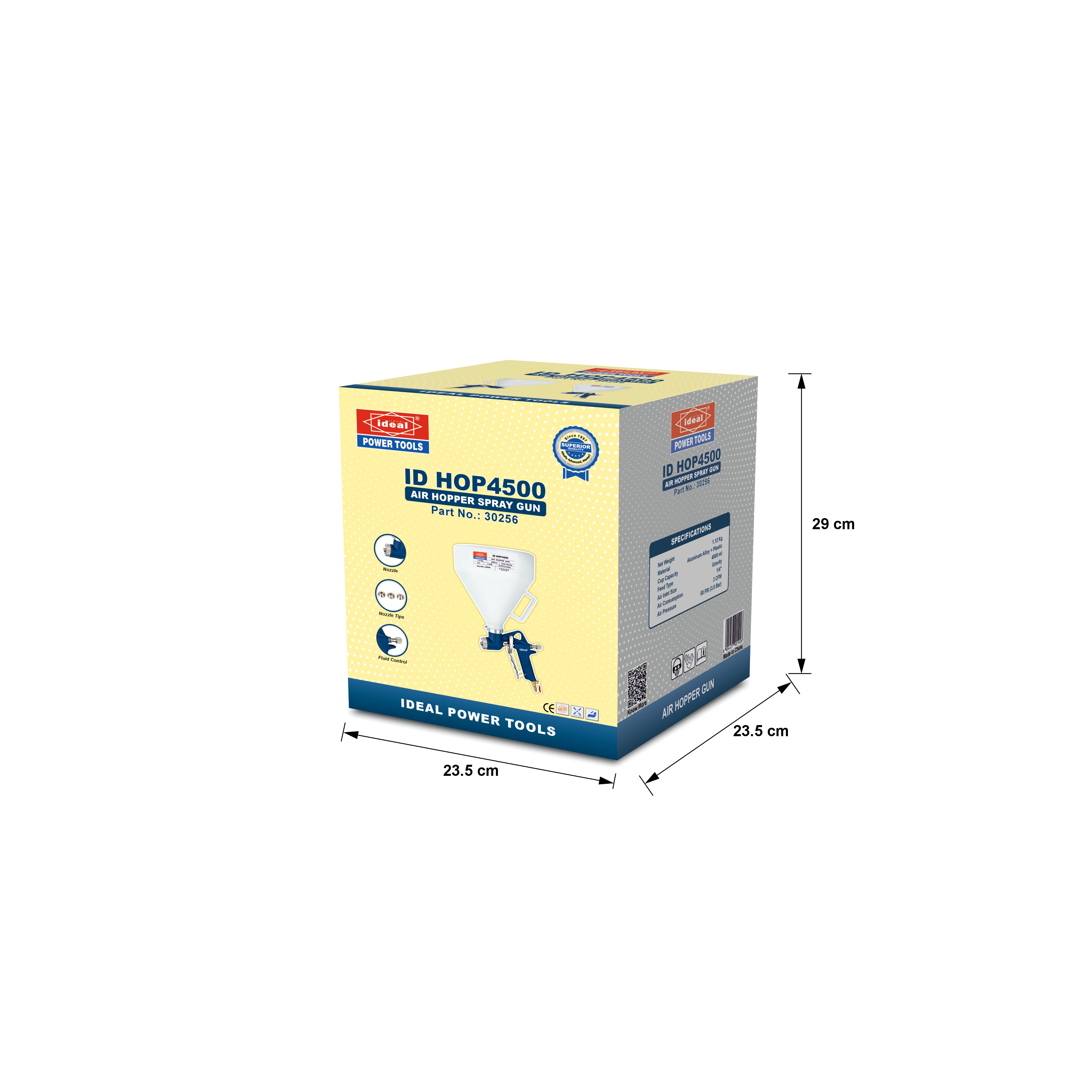Box of Ideal Power Tools air hopper with dimensions on a white background
