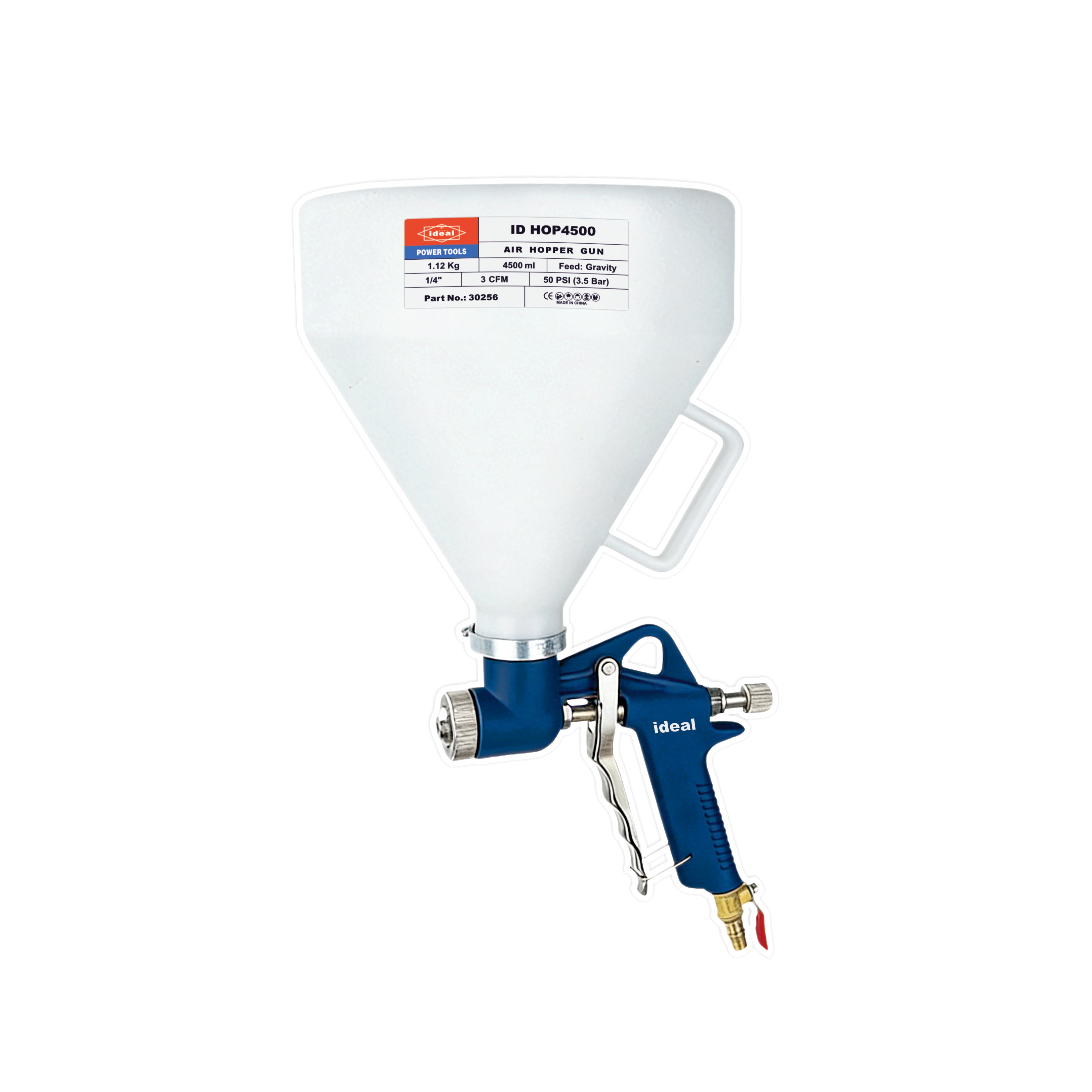 White spray gun with blue nozzle on a white background
