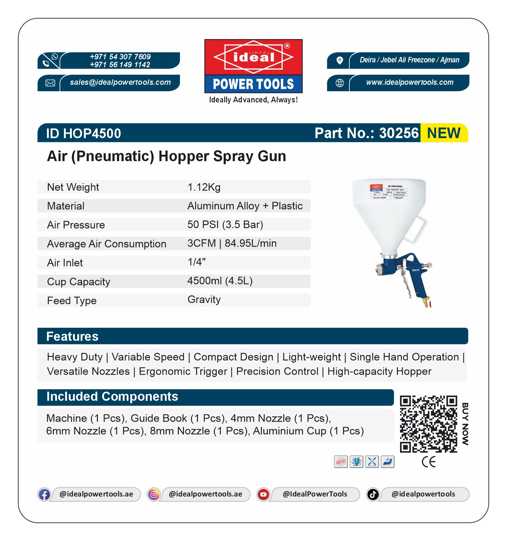 Product label for an air (pneumatic) hopper spray gun with specifications and branding details.