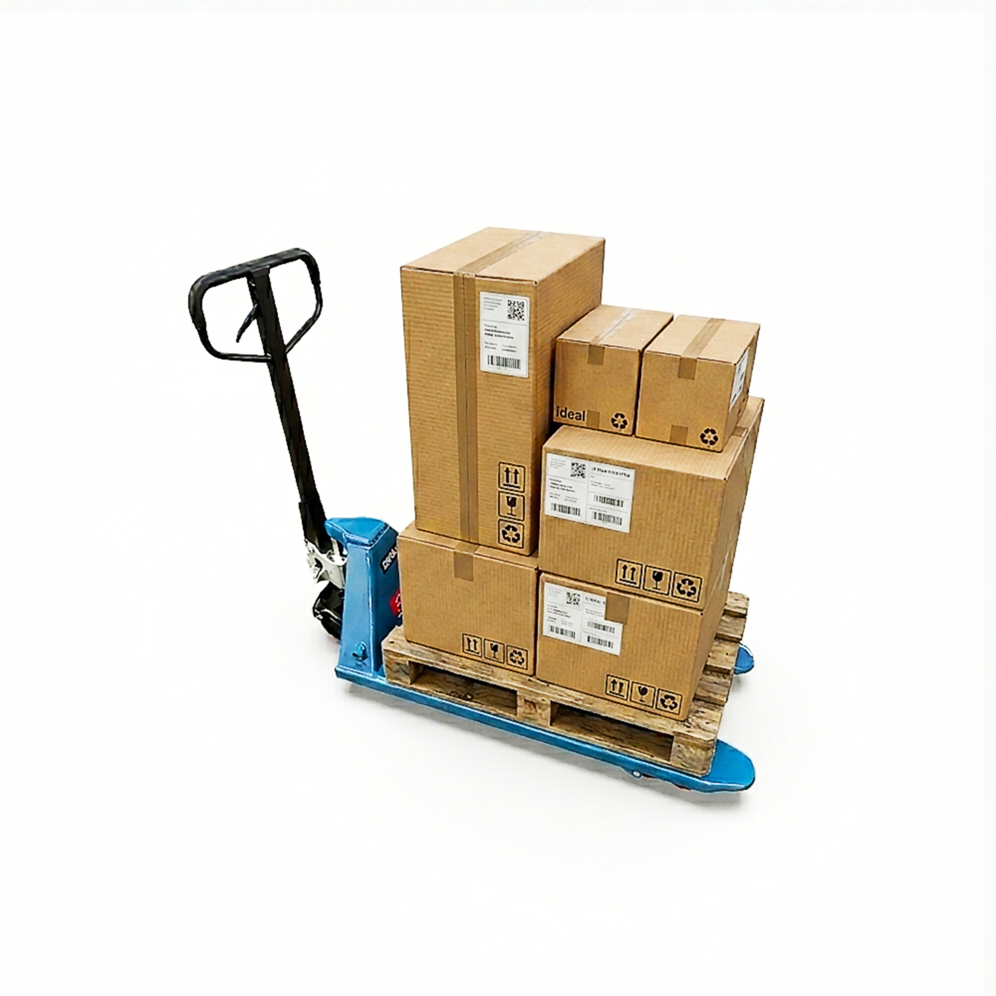 Pallet truck with stacked cardboard boxes on a white background