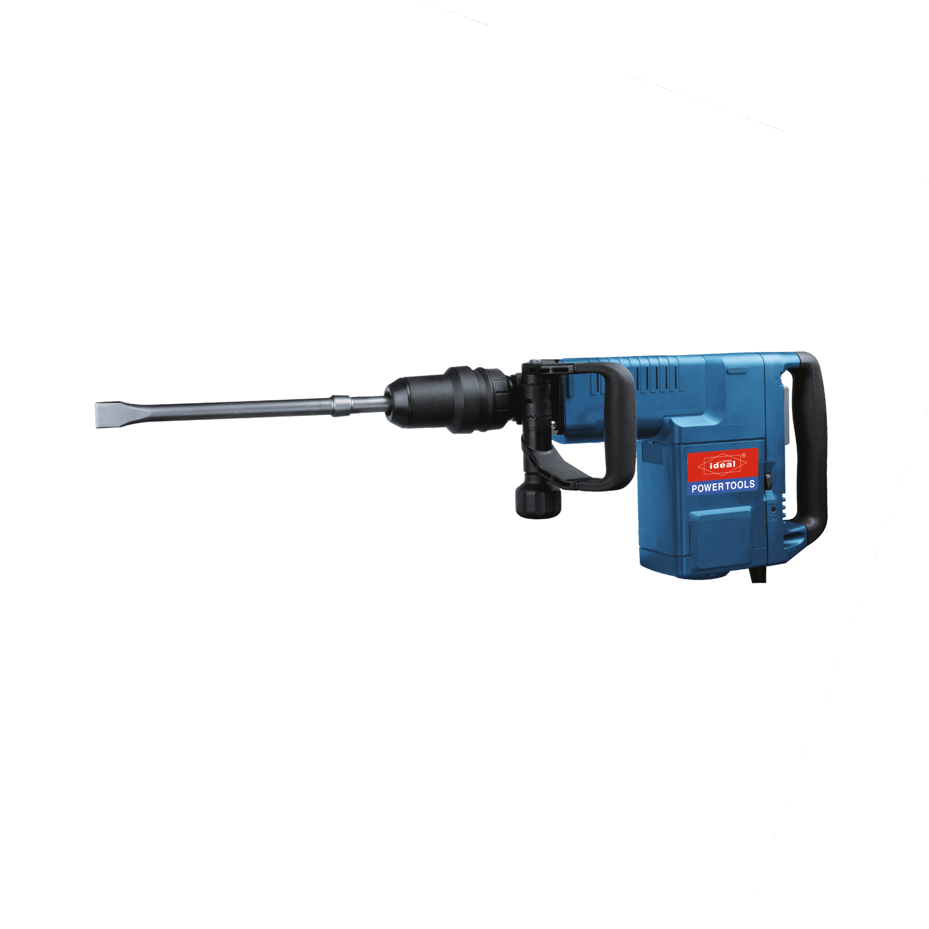 A blue and black Demolition Hammer  with a long metal spade bit, shown against a plain white background.
