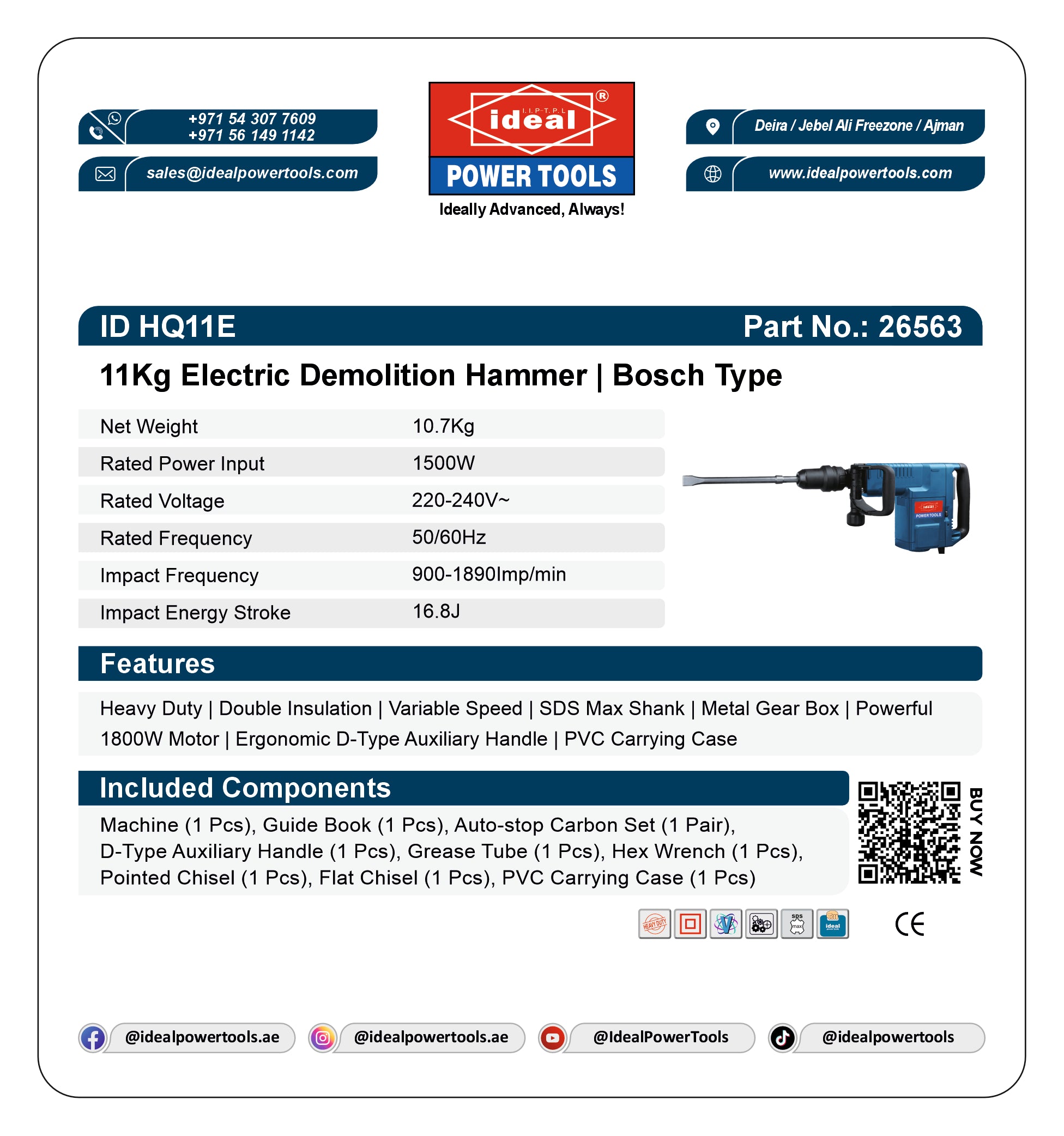 A white product information card for the Ideal Power Tools 11kg Electric Demolition Hammer, showing specifications, features, included components, and a small product photo on a blue and white layout.