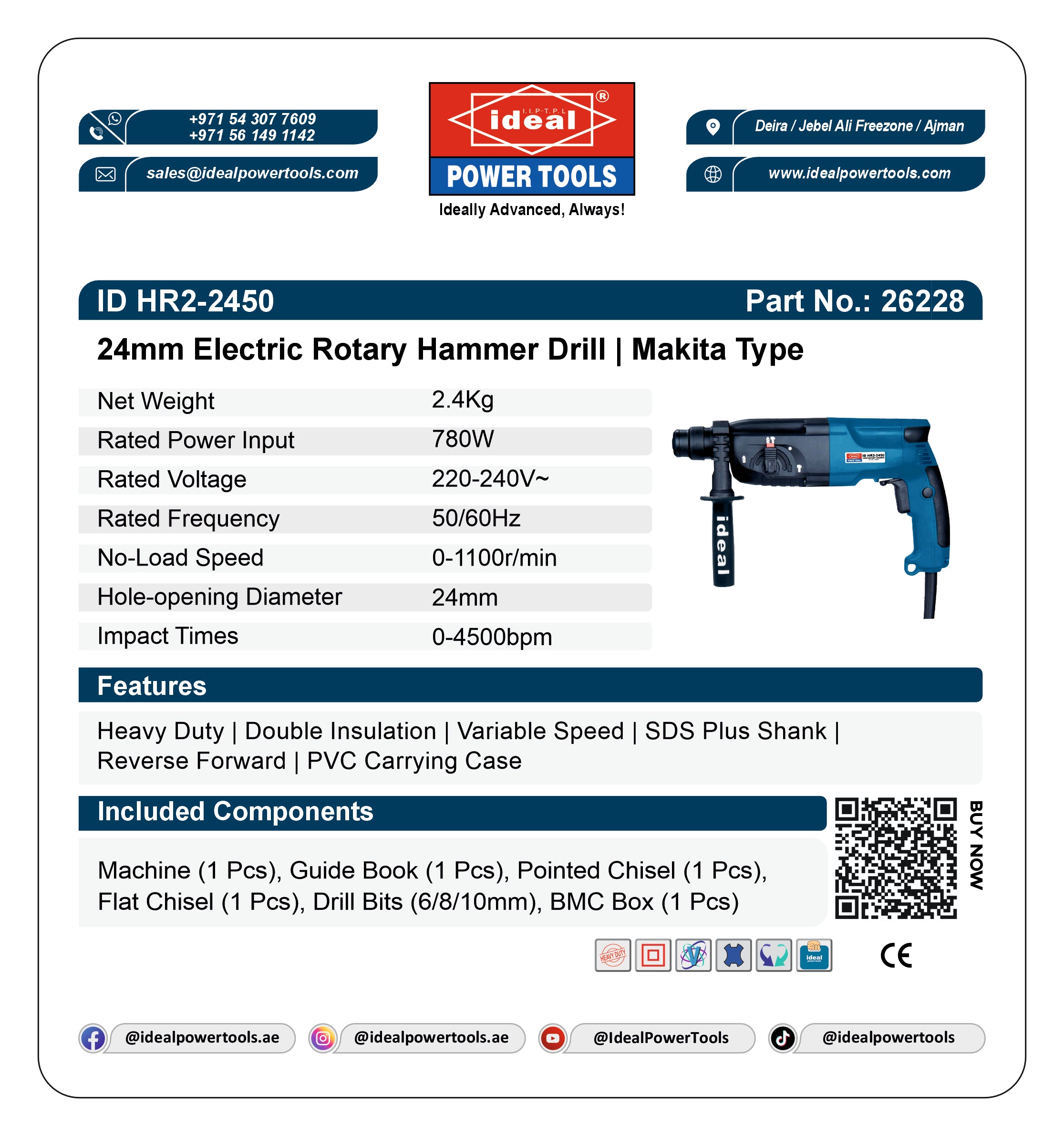 ID HR2-2450 ELECTRIC ROTARY HAMMER DRILL MACHINE [G-240V] [Makita Type] - 26228