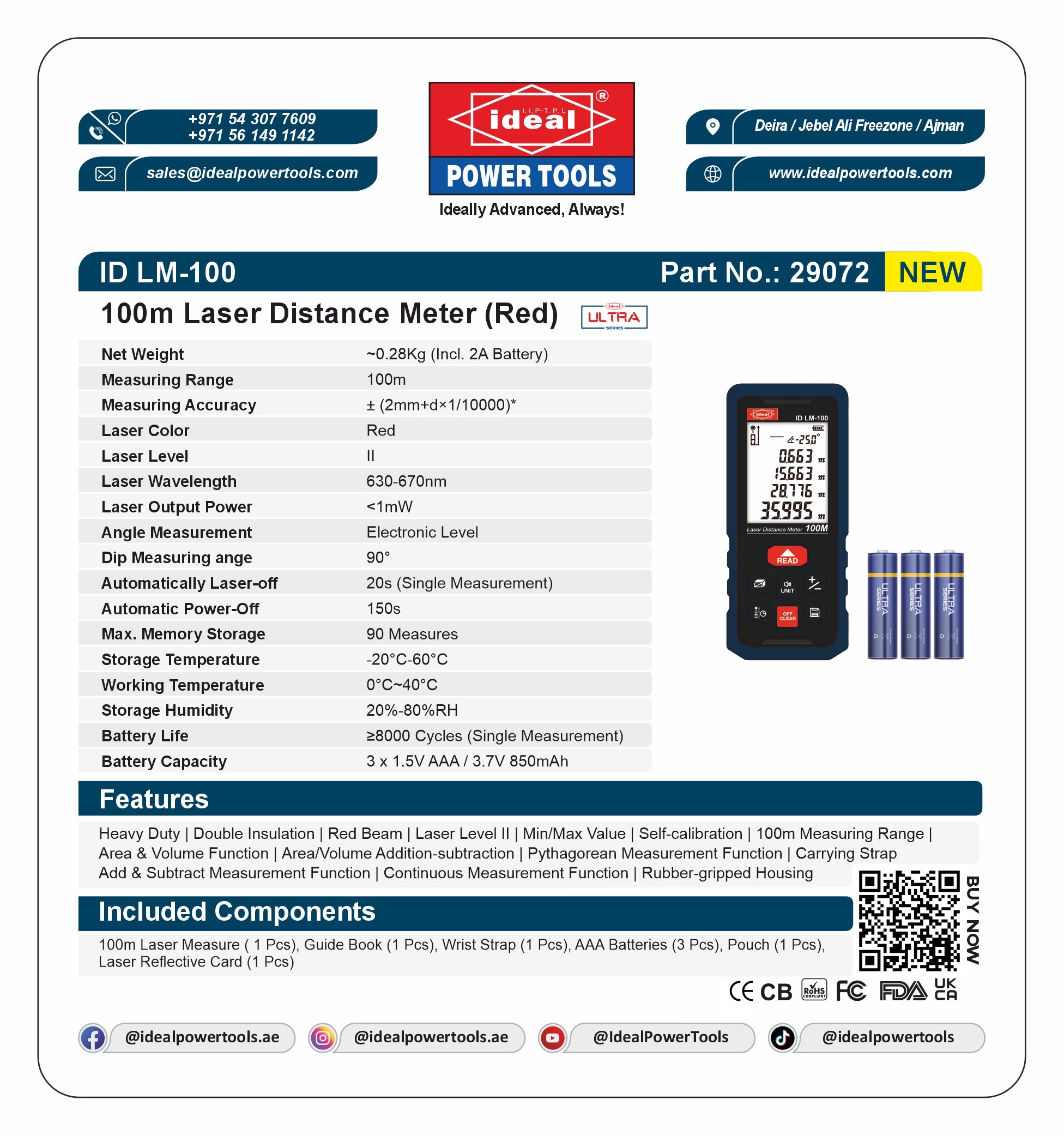 Ideal Power Tools laser distance meter ID LM-100 product card with features, specifications and branding.