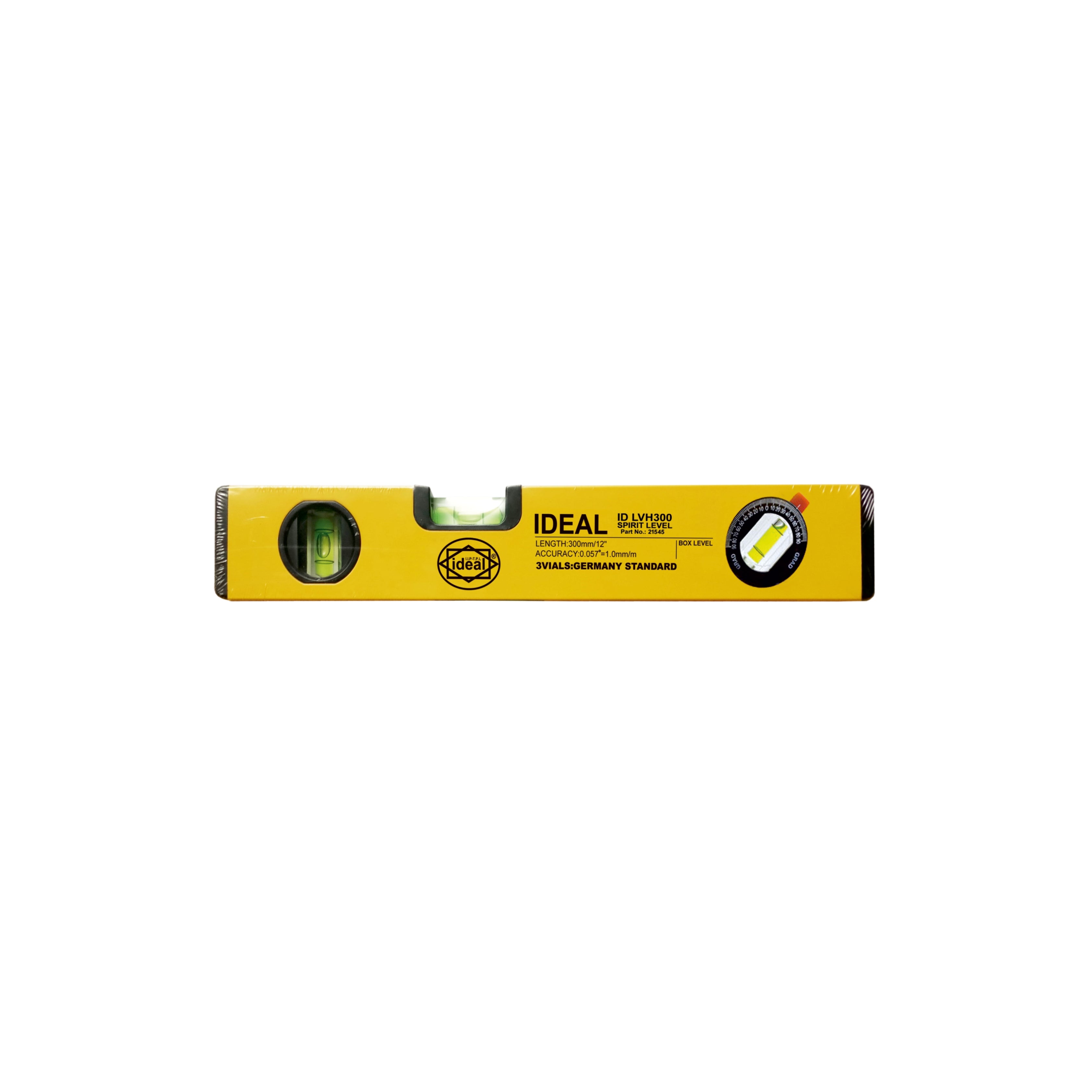 Yellow 12-inch spirit level tool with 'Ideal' branding on a white background