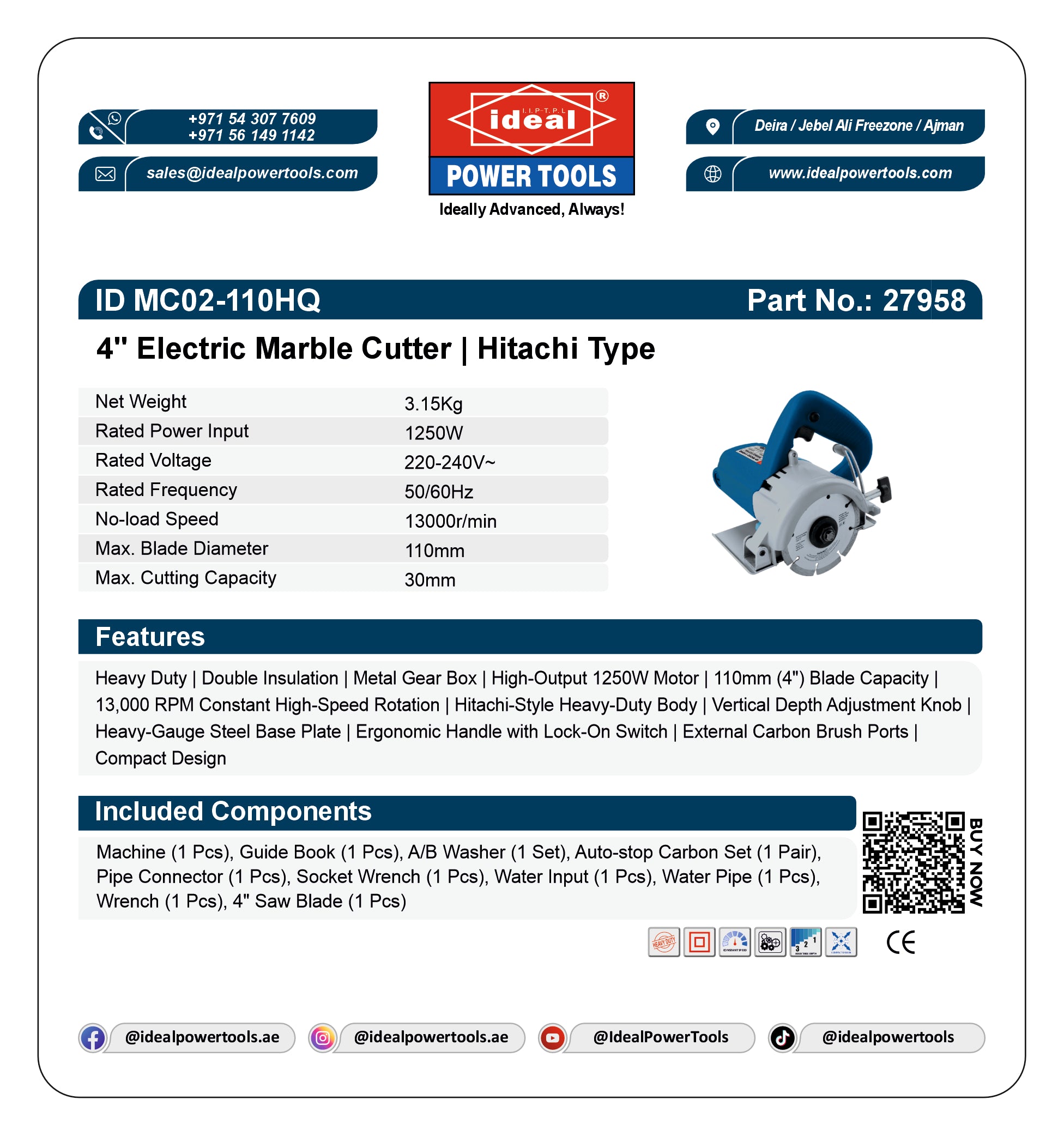 A white technical specification sheet for the Ideal Power Tools 4" Electric Marble Cutter (Model MC02-110HQ, Part No. 27958).