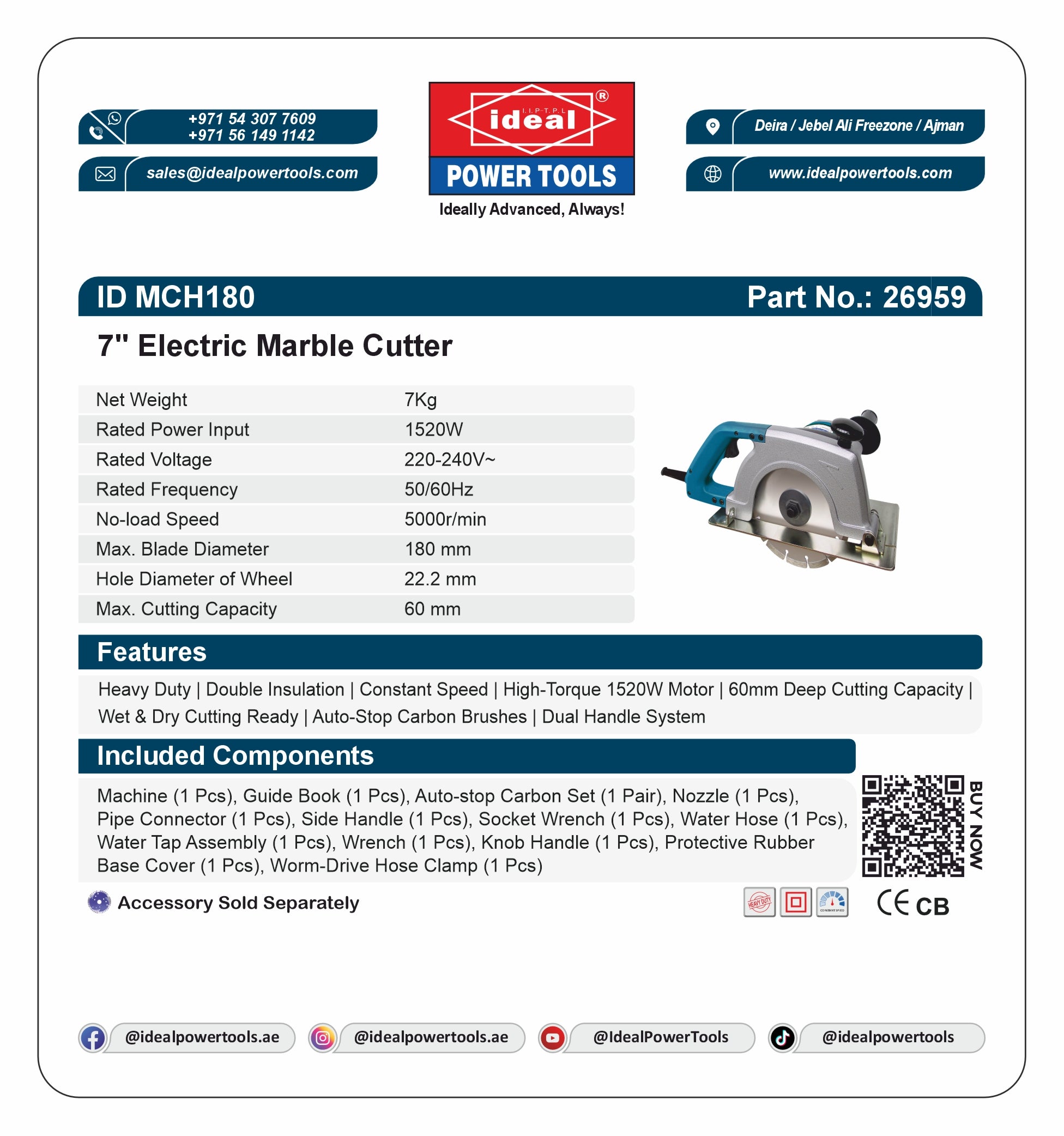 ID MCH180 7" [1520W] ELECTRIC MARBLE CUTTER MACHINE [G-240V] - 26959