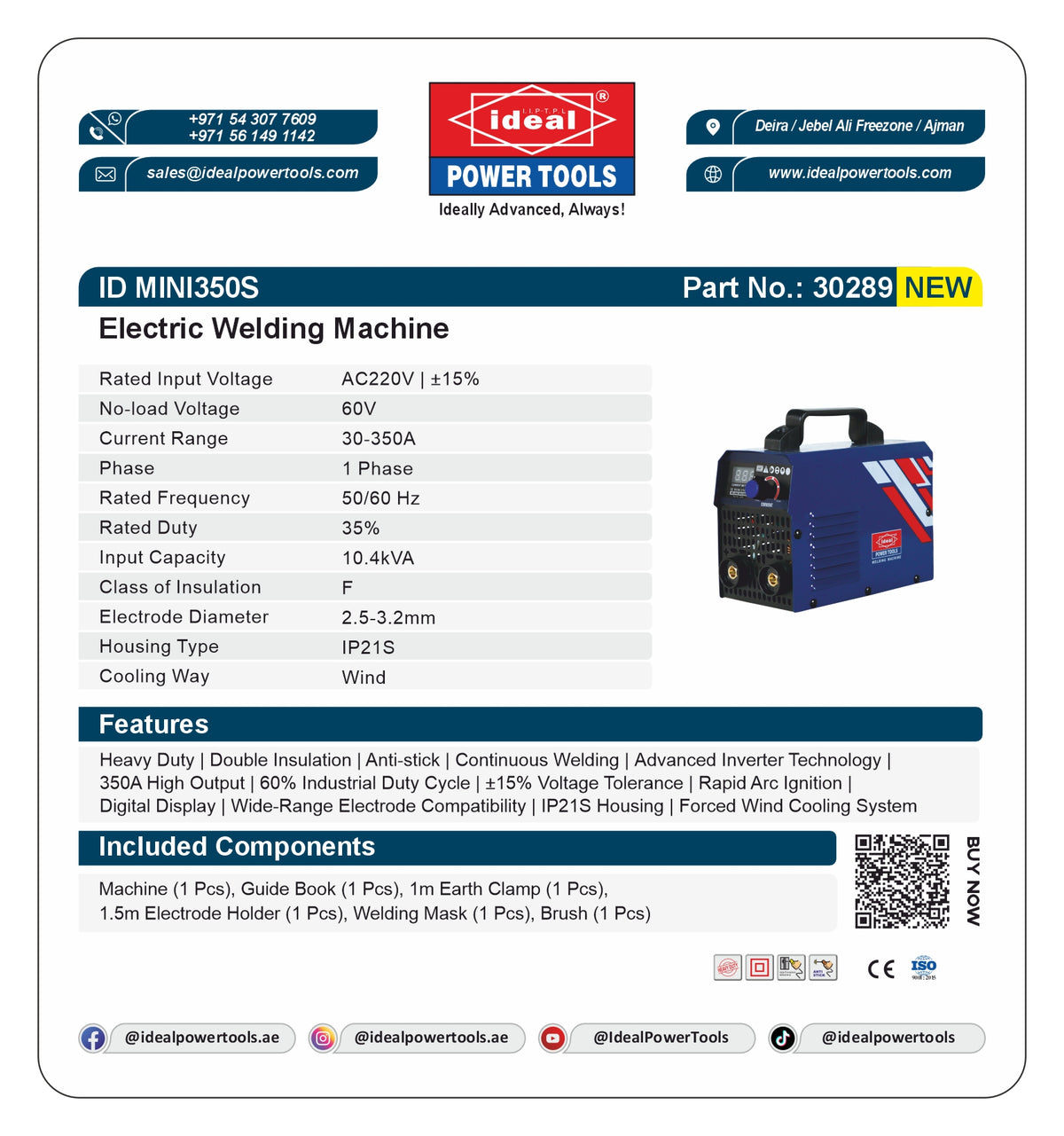 Product card for an electric welding machine (ID MINI350S) with specifications and branding details.