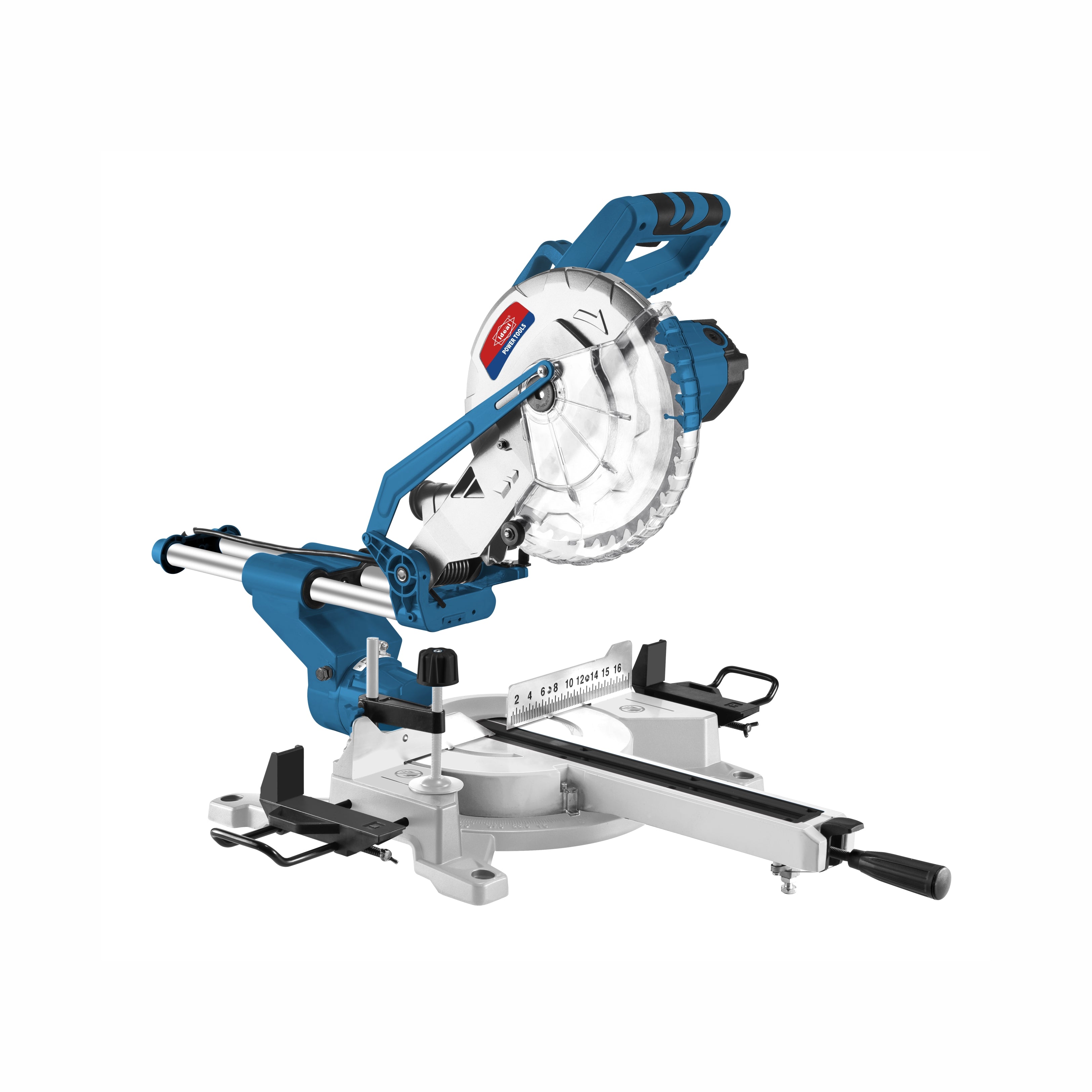 Blue and silver color Miter saw on a white background