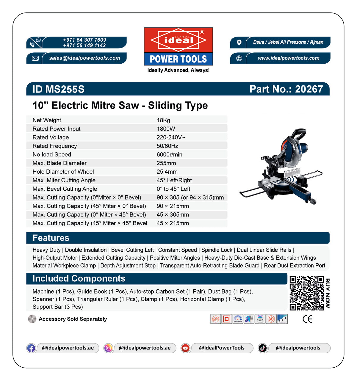 ID MS255S [SLIDING] [10"] ELECTRIC MITRE SAW MACHINE [G-240V] - 20267