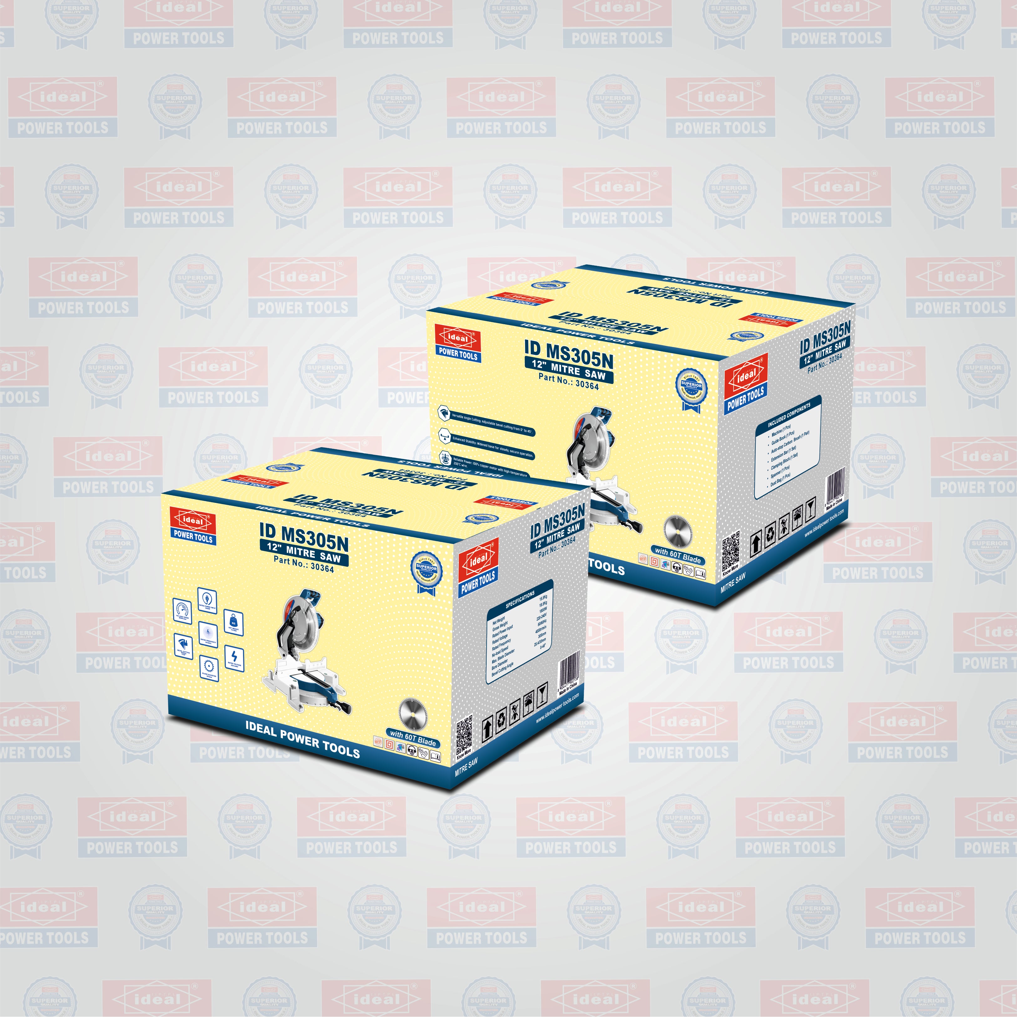 Two boxes of IDEAL Power Tools mitre saw machine (ID MS305N) on a branded background