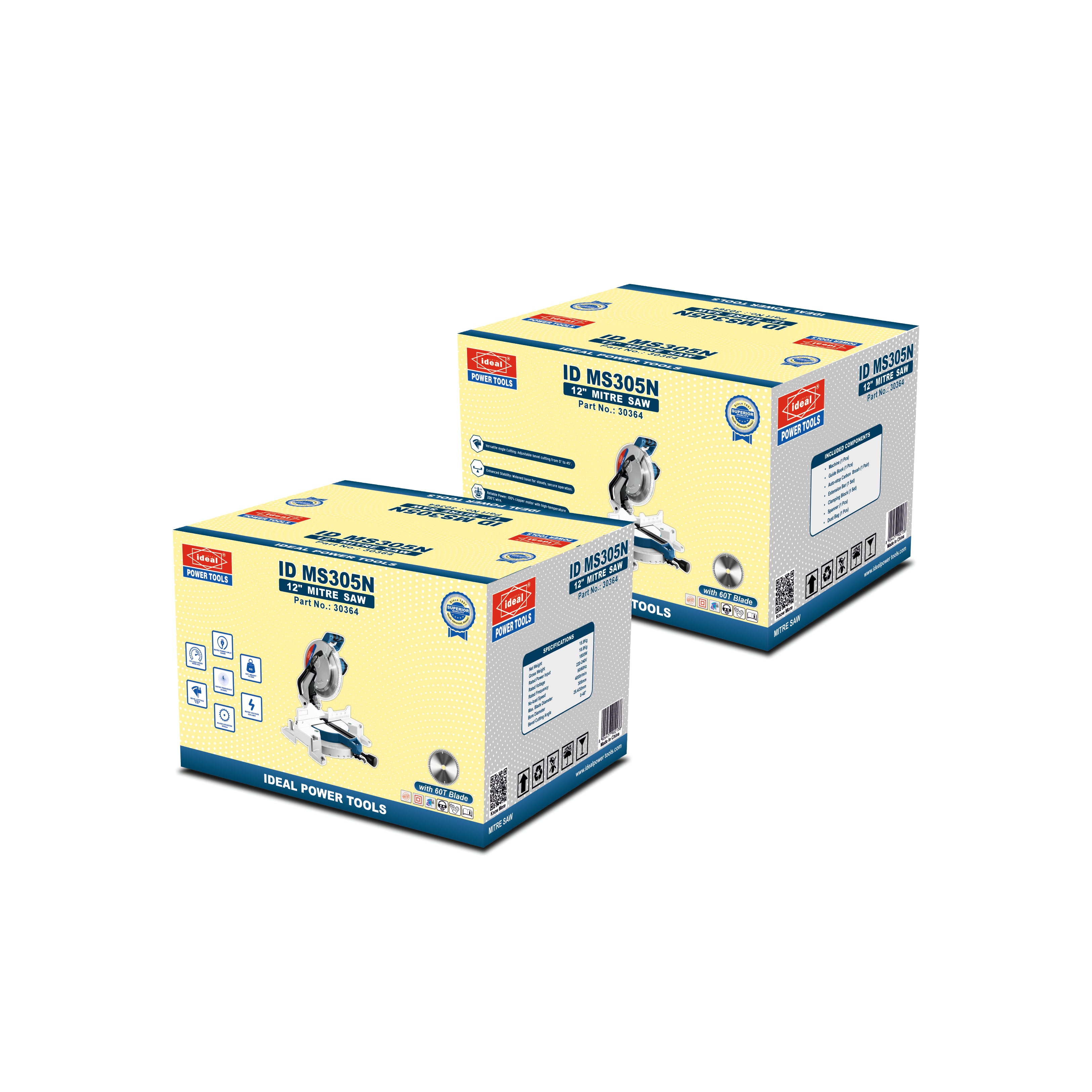 Two boxes of Ideal Power Tools mitre saw machine on a white background