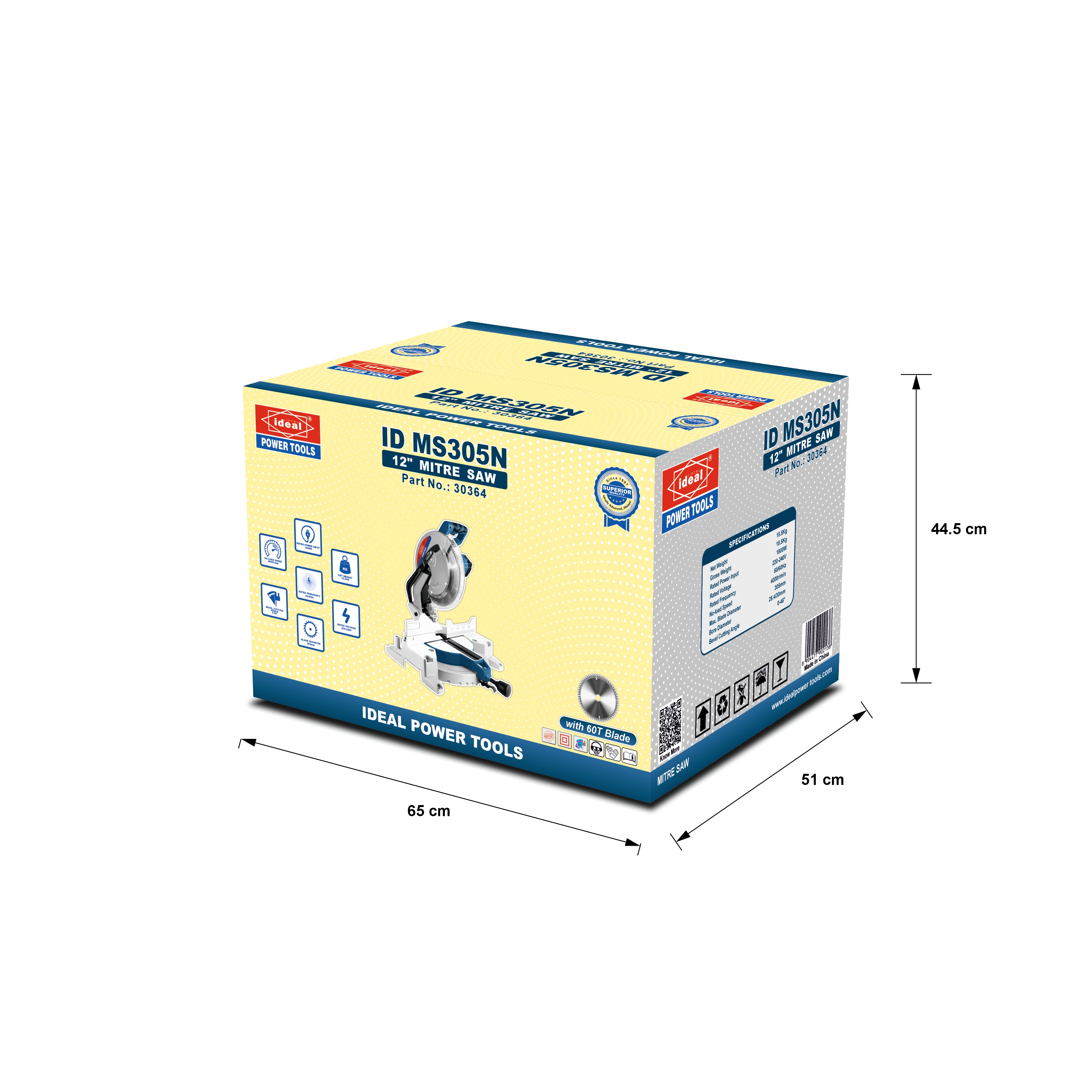 Box packaging of a mitre saw with 'Ideal' branding and dimensions indicate on a white background