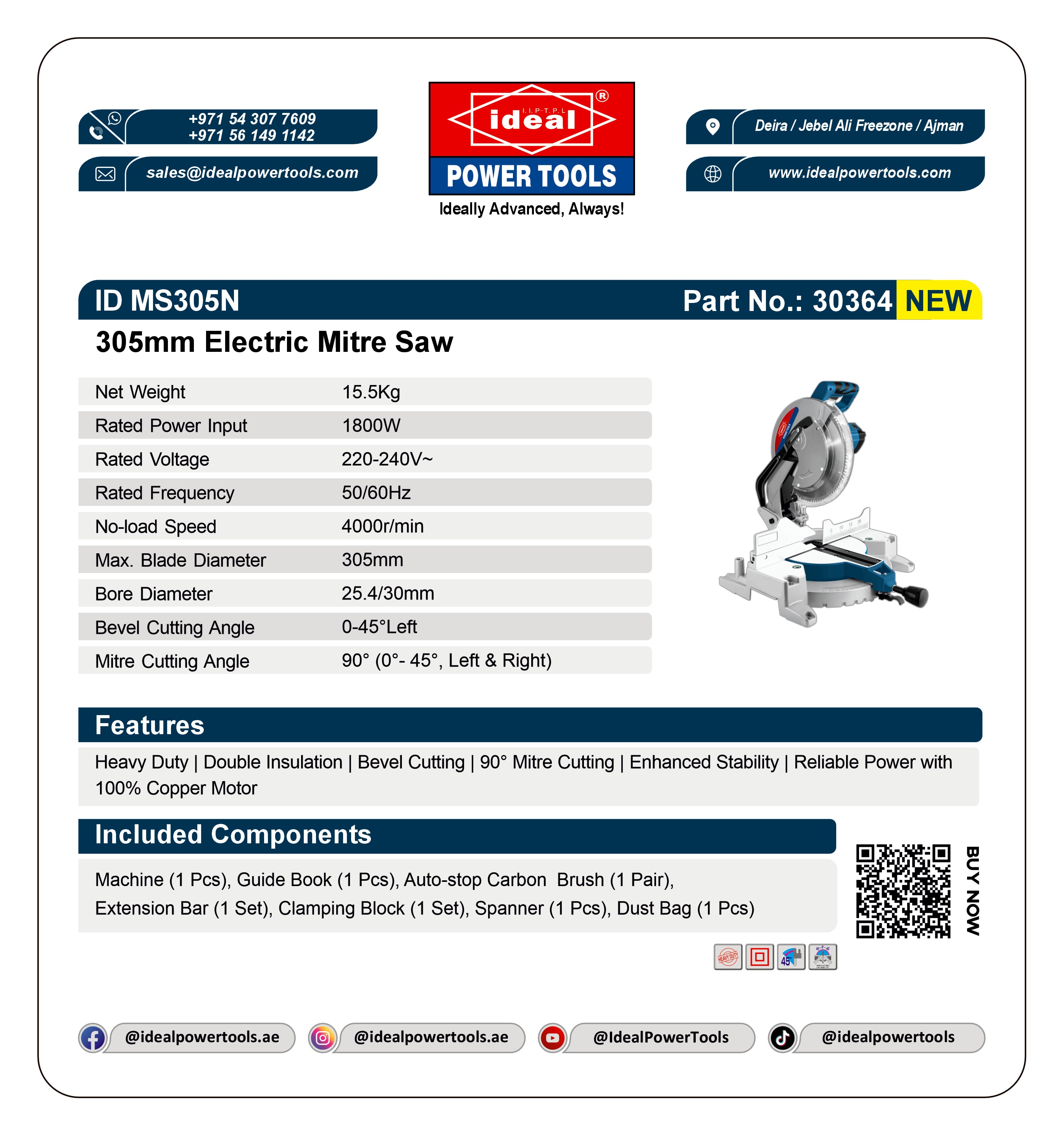 Product label for 305mm Electric Mitre Saw with specifications and branding details.