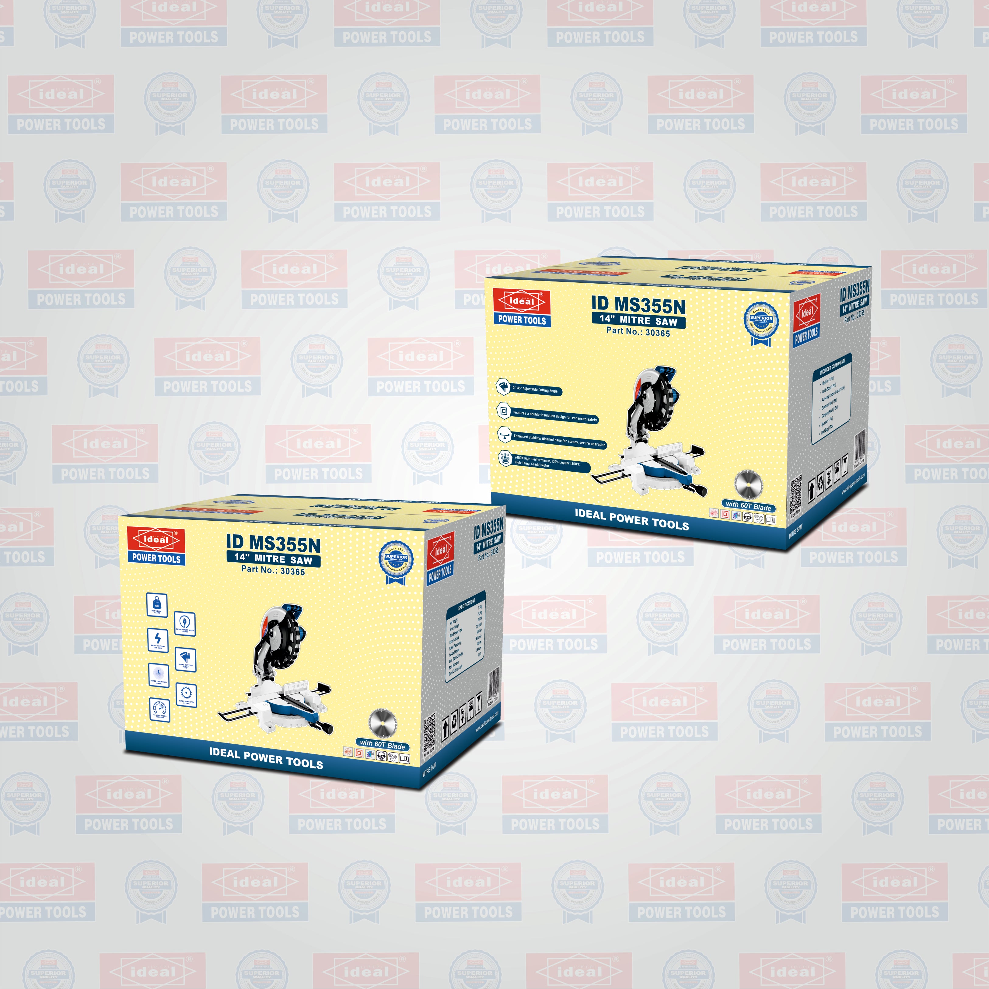 Two boxes of Ideal Power Tools mitre saw ID MS355N on a branded background