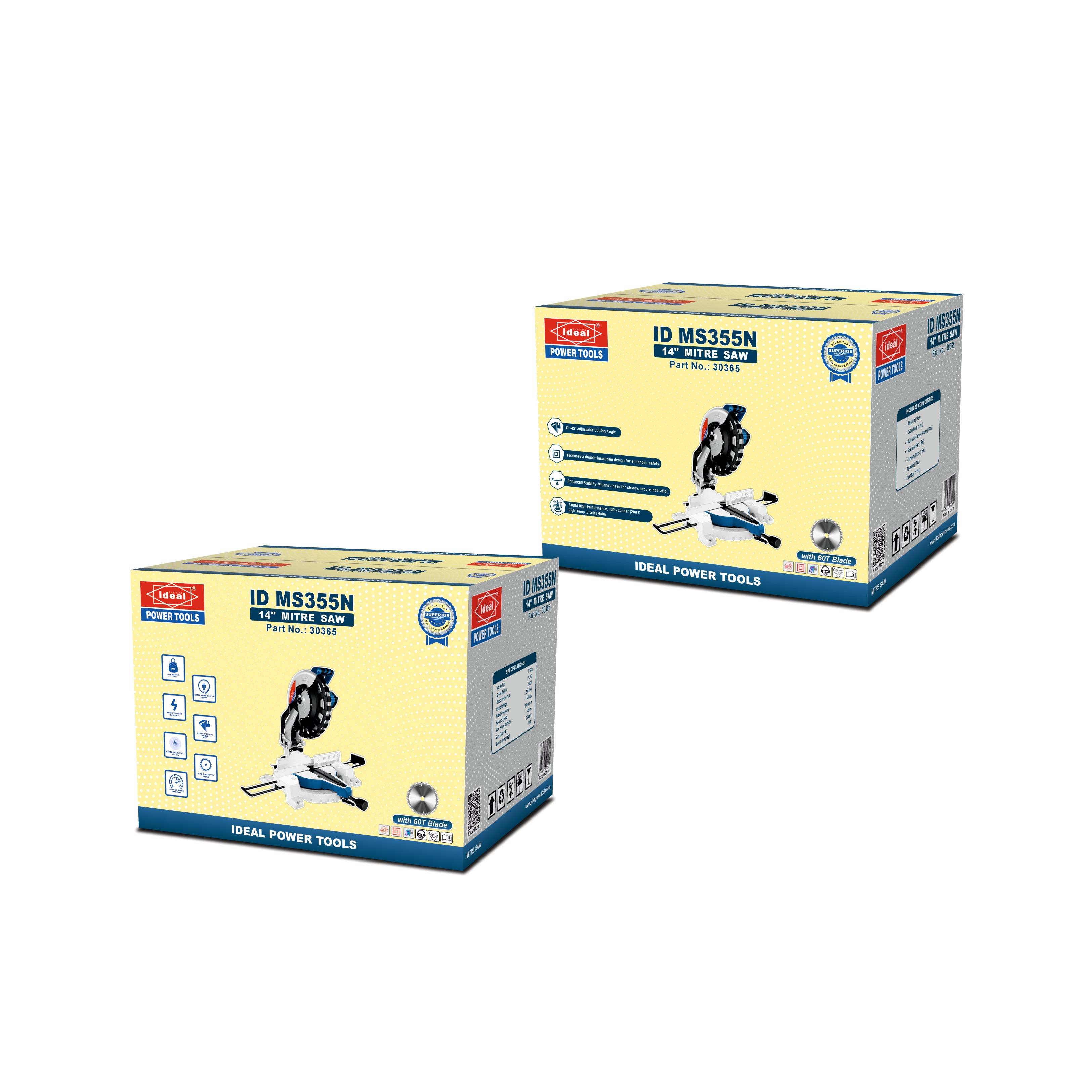Two boxes of Ideal Power Tools mitre saw ID MS355N on a white background