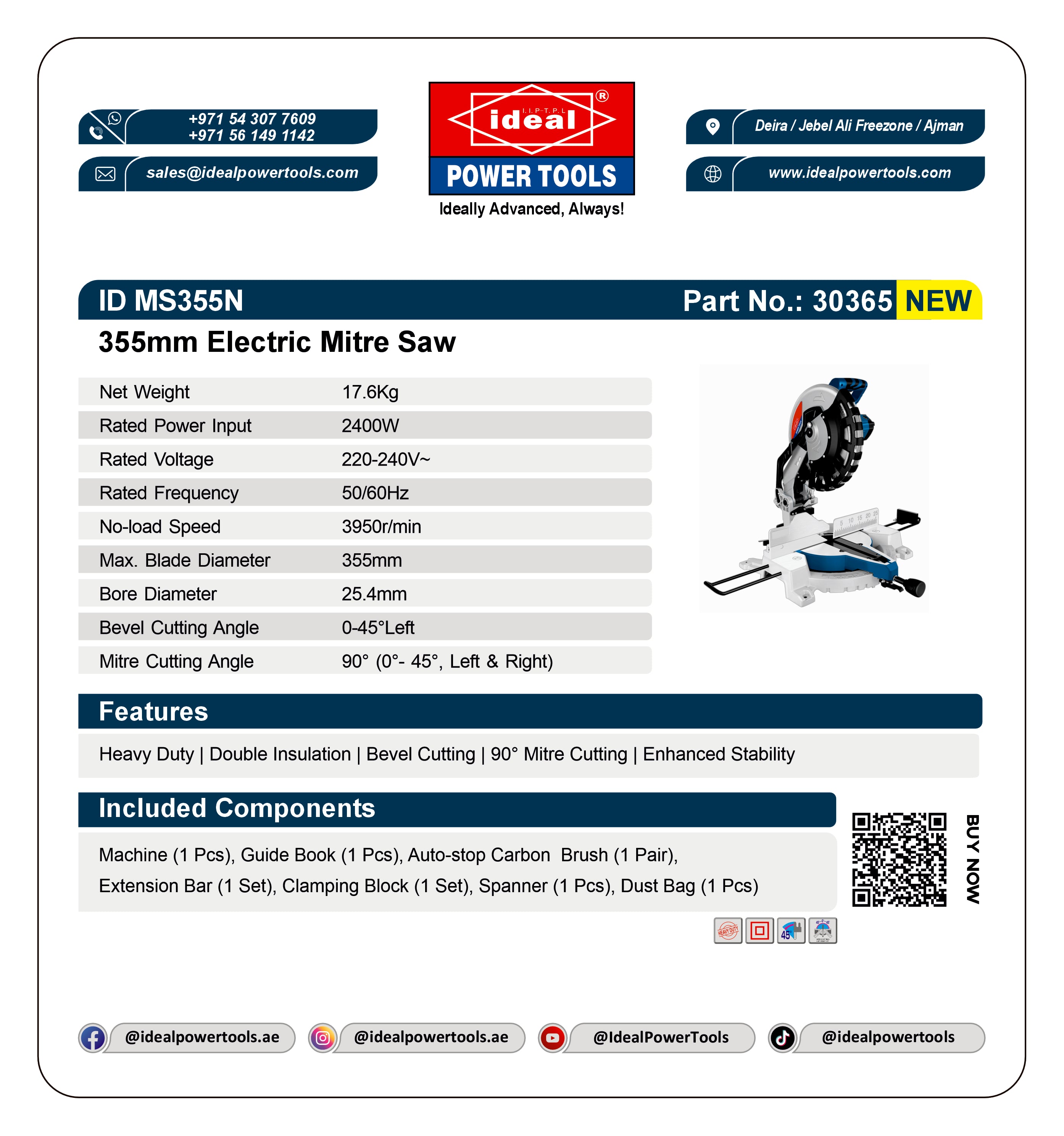 Product label for 355mm Electric Mitre Saw with specifications and branding details.