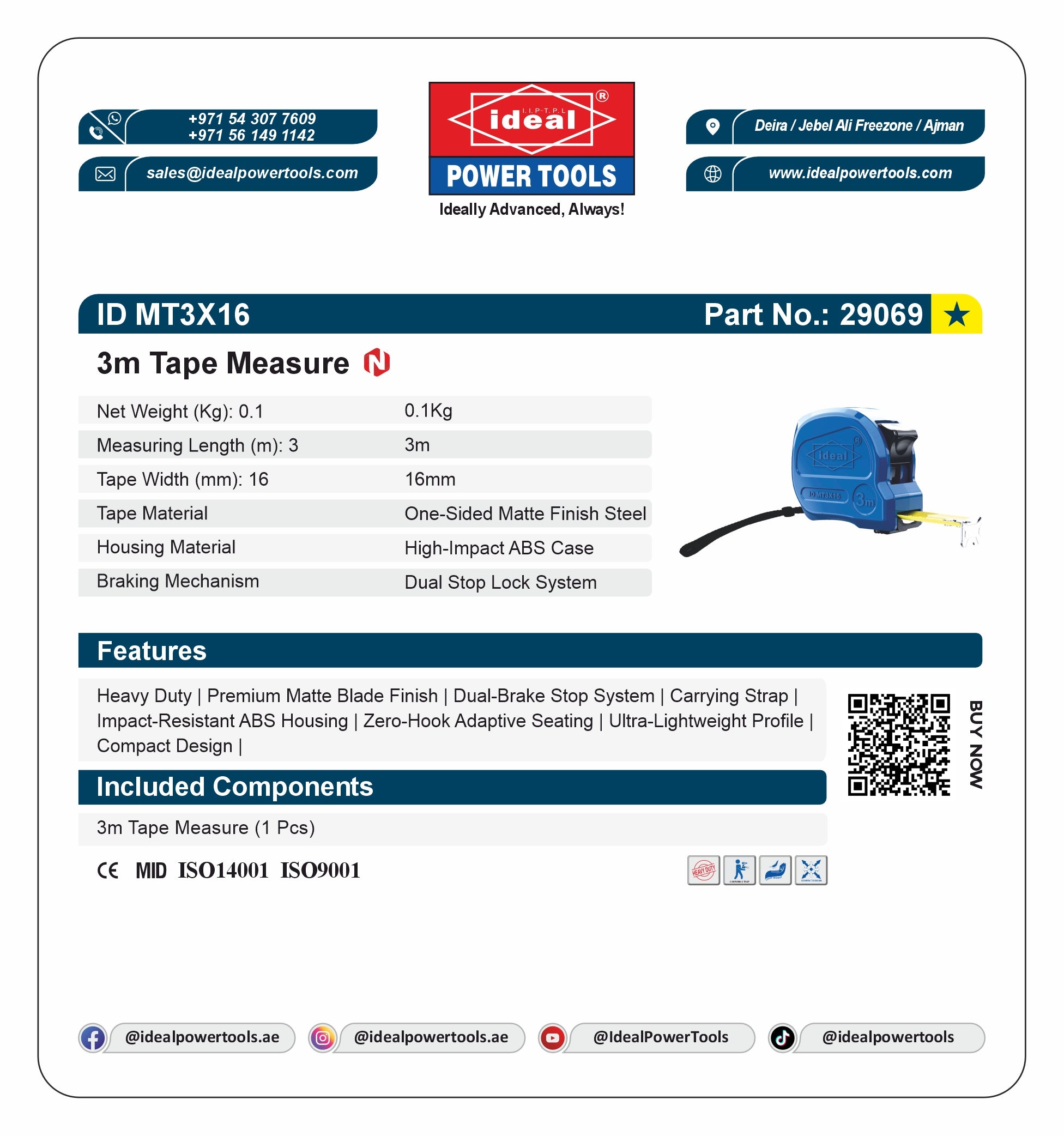 IDEAL [ID MT3X16] [3M X 16MM] [N SERIES] TAPE MEASURE - 29069