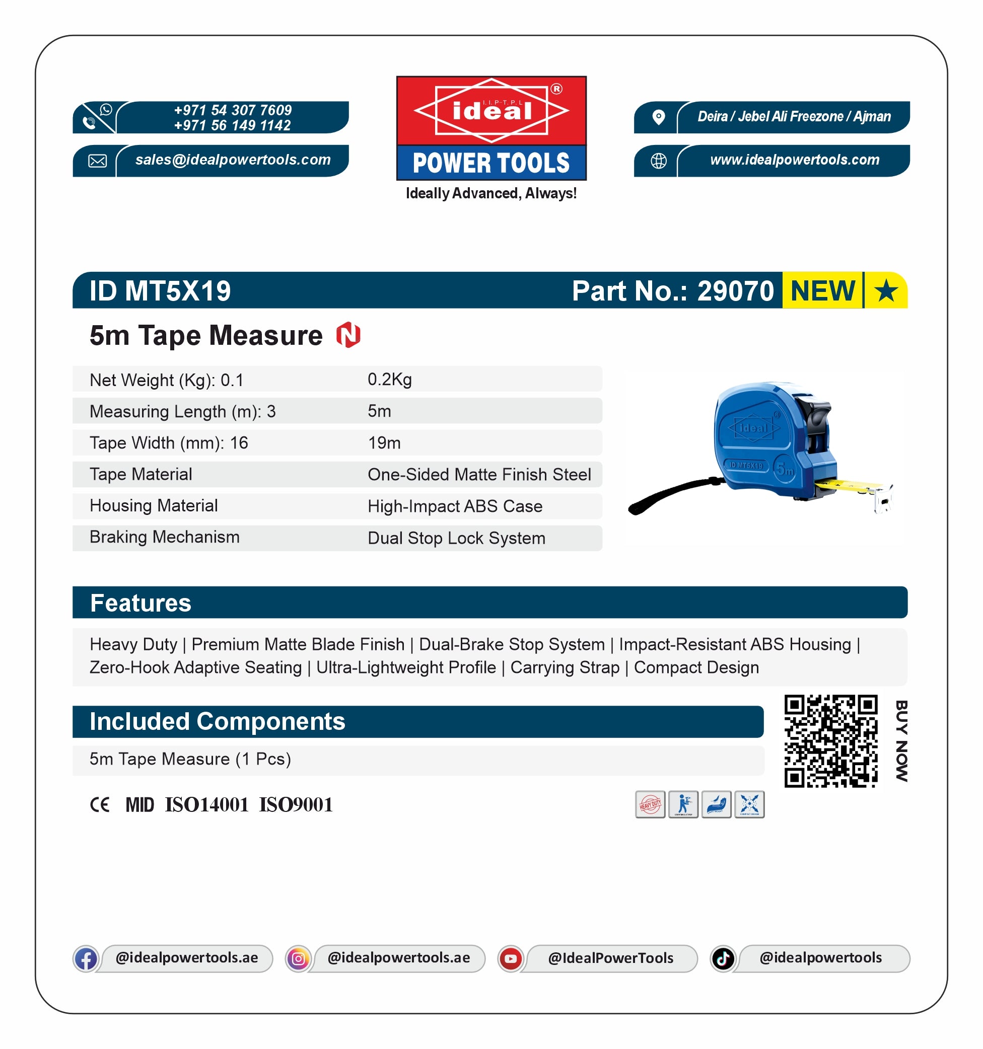 Product card of an Ideal Power Tools 5m tape measure with specifications and branding.