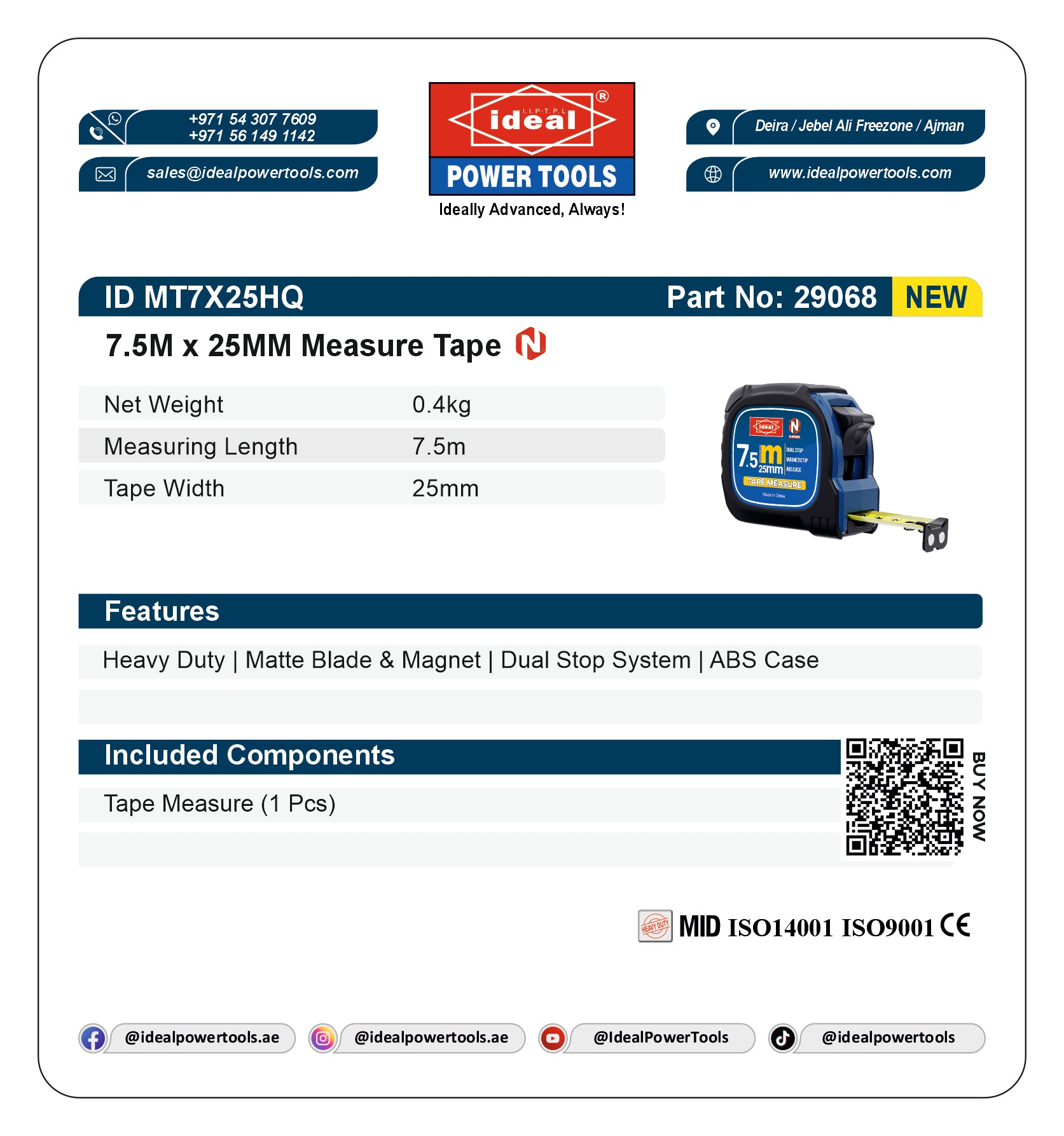 ID MT7X25HQ [7.5M*25MM] [WITH RUBBER PVC GRIP AND MAGNET] TAPE MEASURE