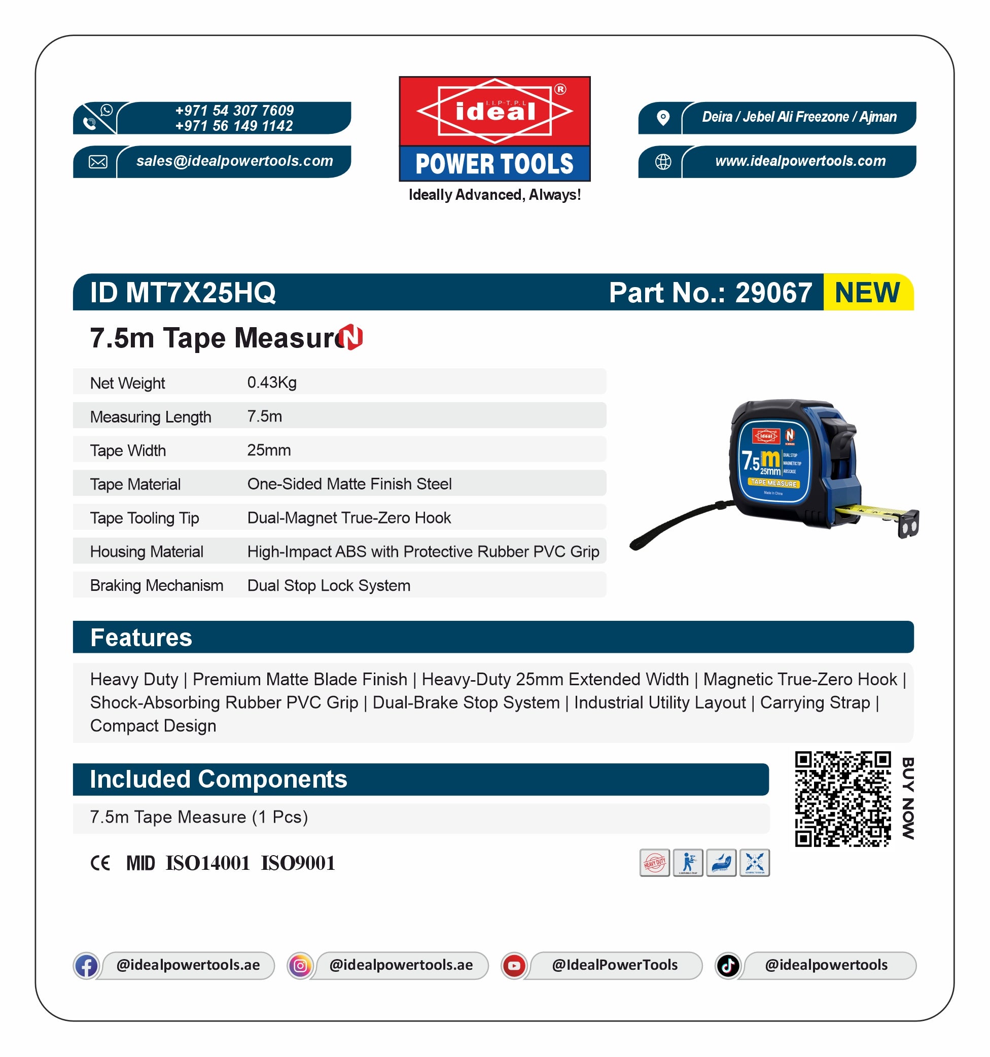 Product label for 7.5m tape measure with Ideal Power Tools branding and specifications.