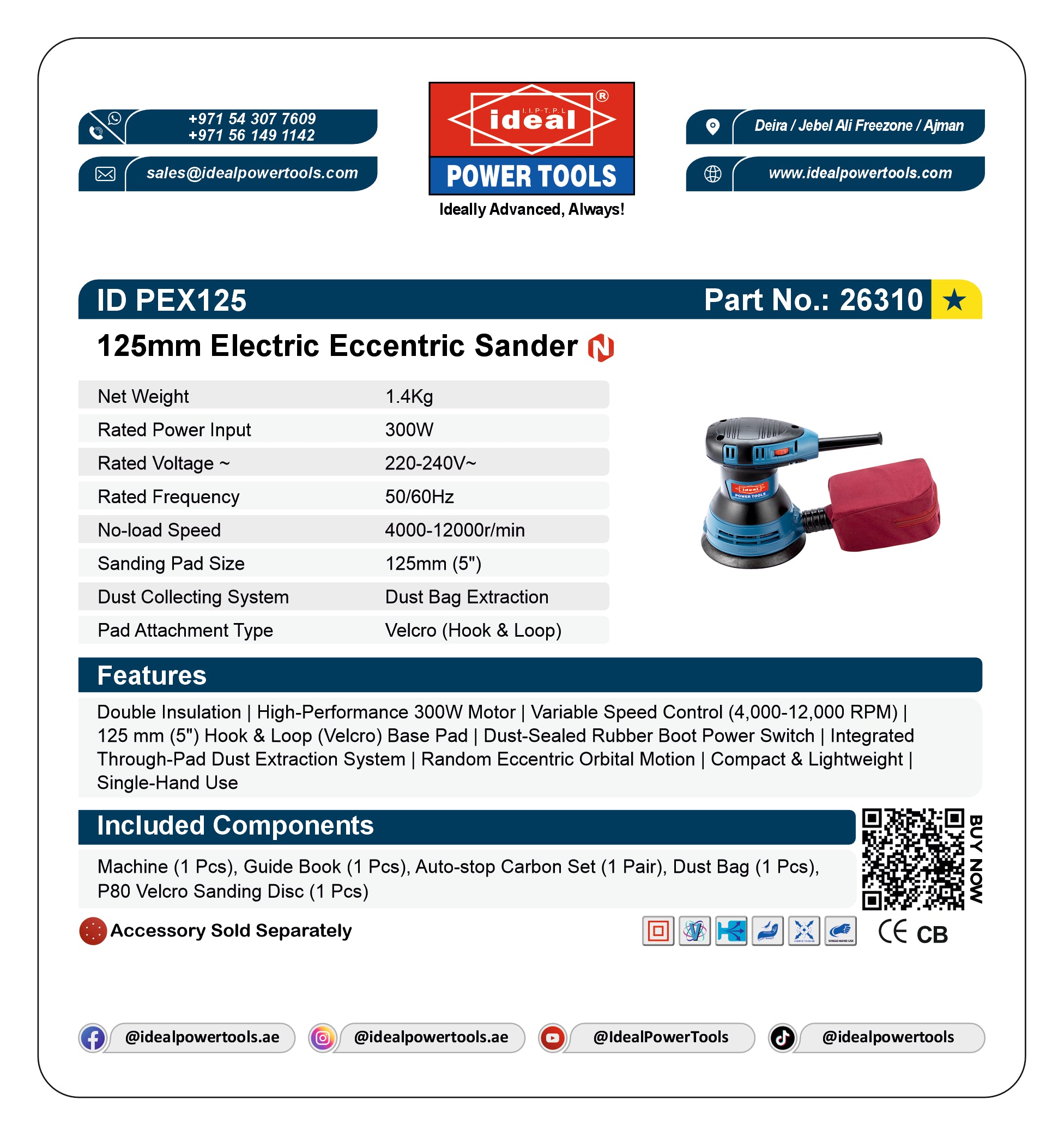 A product information card for the Ideal PEX125 125mm Electric Eccentric Sander, showing specifications, features, included components, and a QR code on a white background.