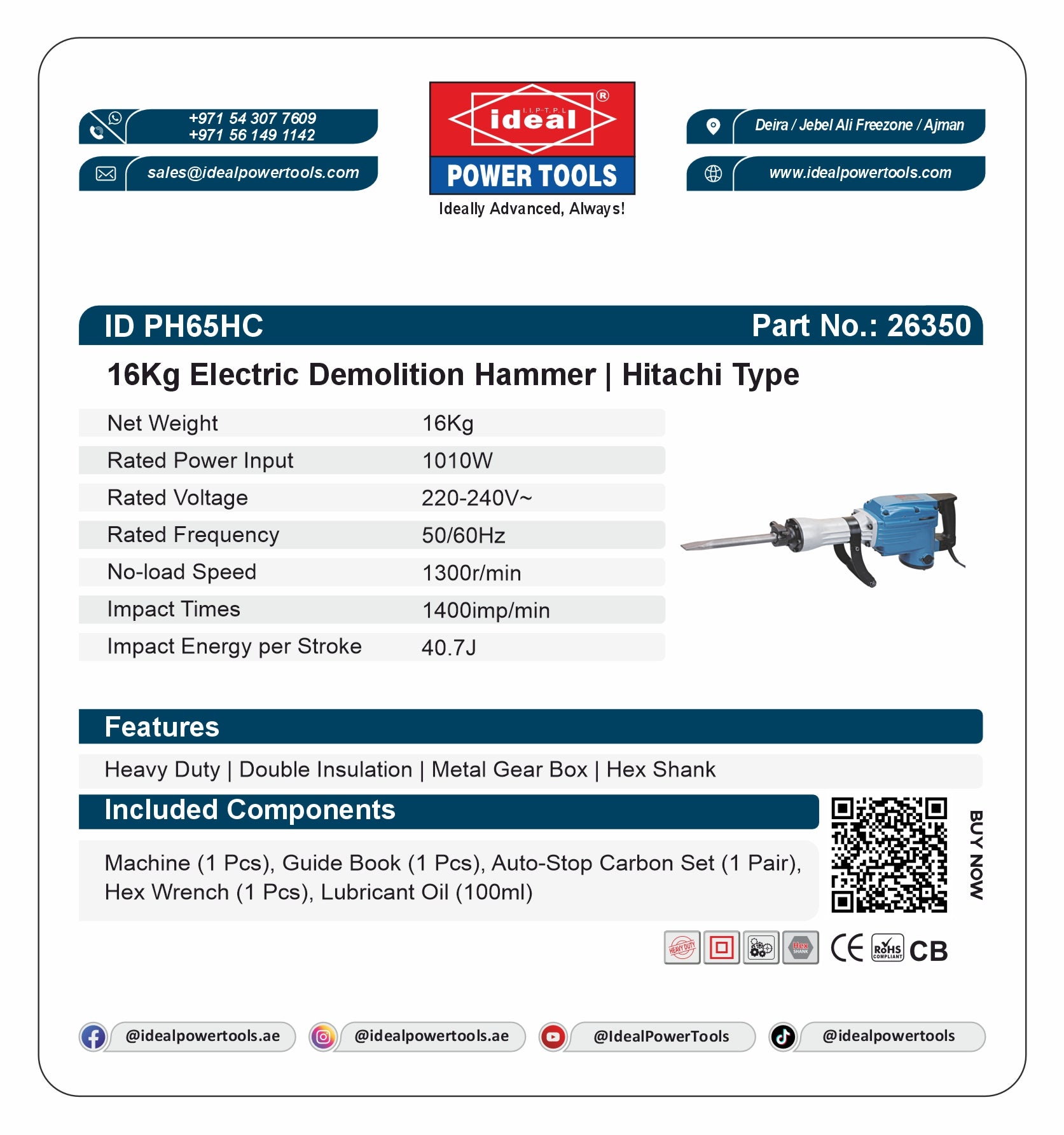 ID PH65HC ELECTRIC DEMOLITION HAMMER MACHINE [G-240V] [Hitachi Type] - 26350