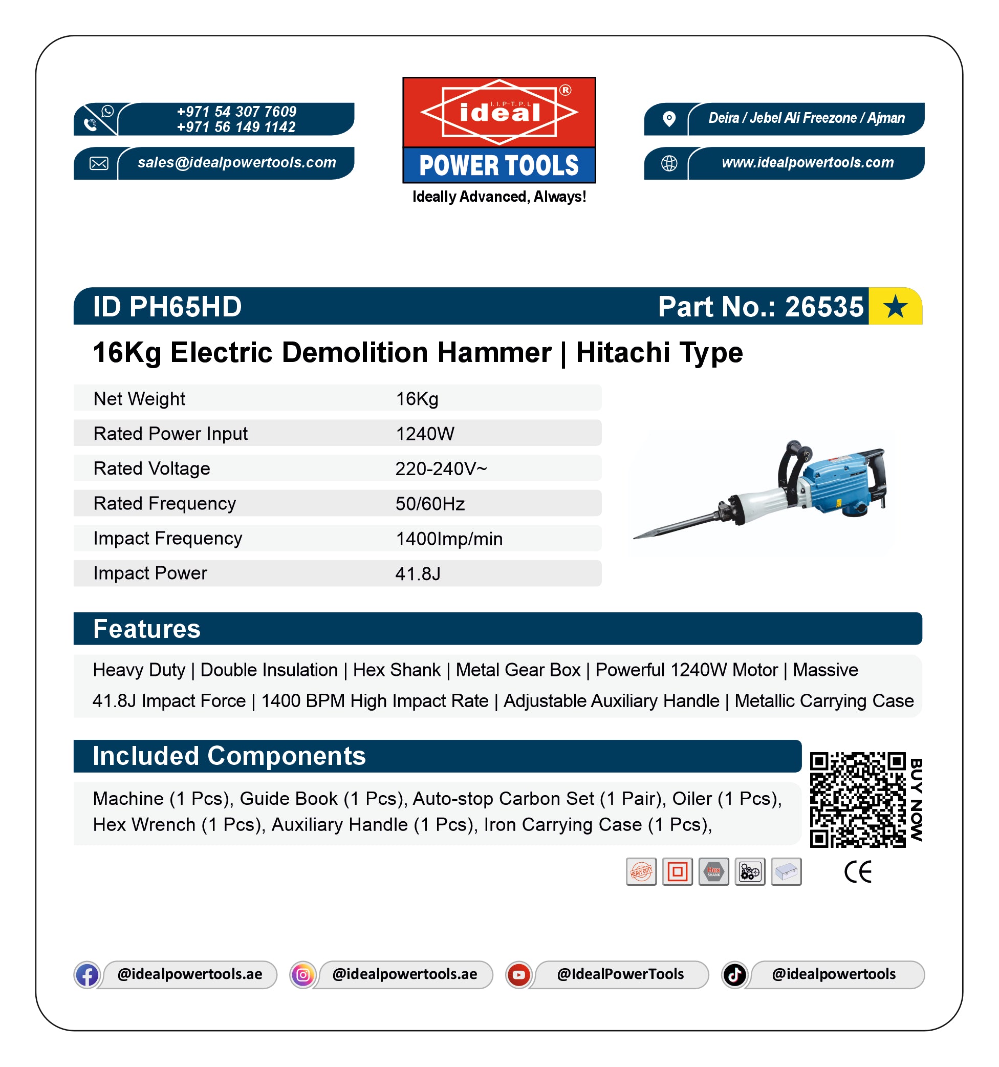 A product information card for the Ideal Power Tools 16Kg Electric Demolition Hammer (ID PH65HD). The card features the Ideal Power Tools logo, product specifications, features, included components list, and a small product photo of the hammer on a white background.