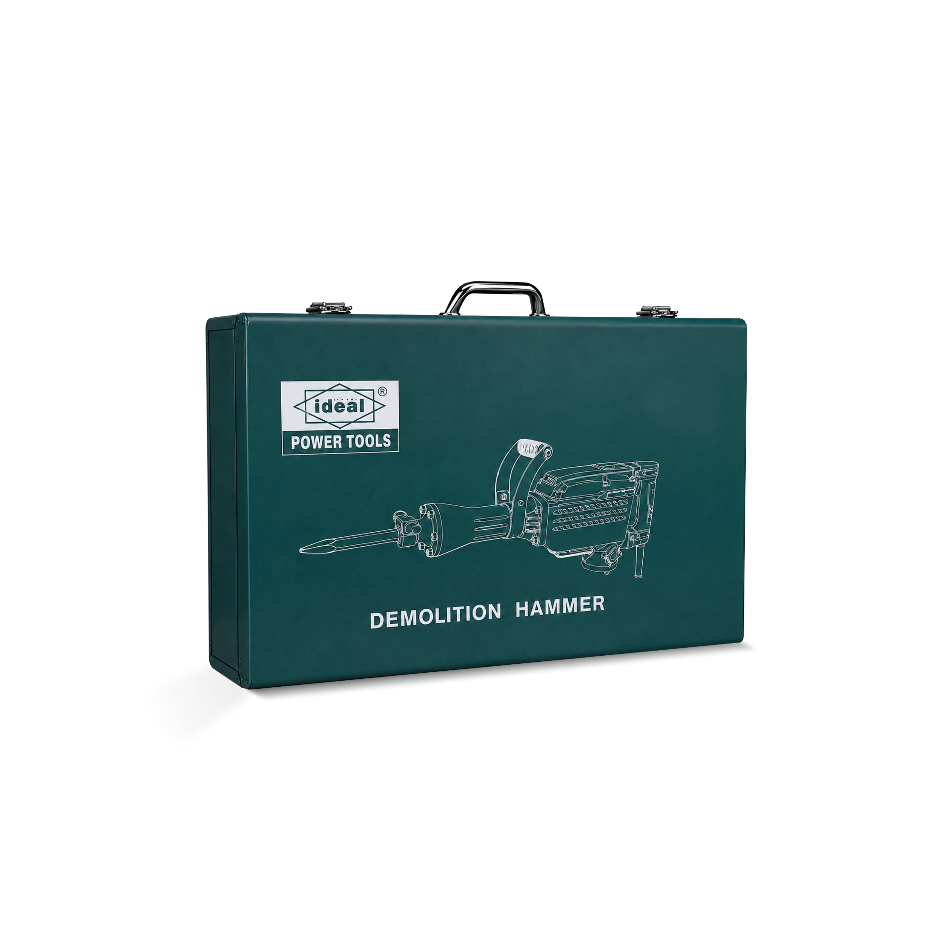 A dark green metal carrying case for an Ideal Power Tools Demolition Hammer, featuring a white line drawing of the tool and the brand logo on the front, set against a plain white background.