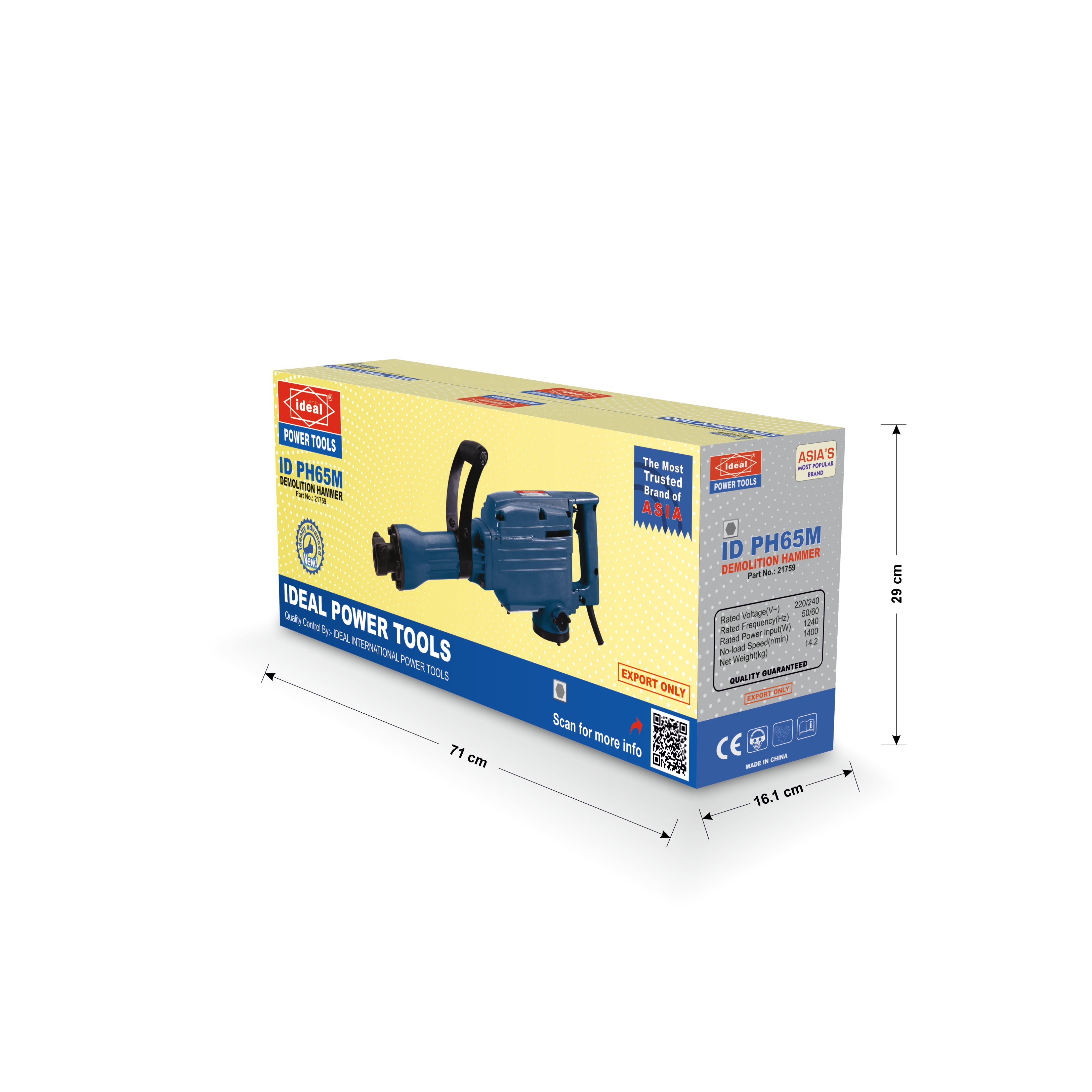 A boxed power tool package shown on a white background with dimension lines indicating 77 cm length, 16.5 cm width, and 29 cm height.