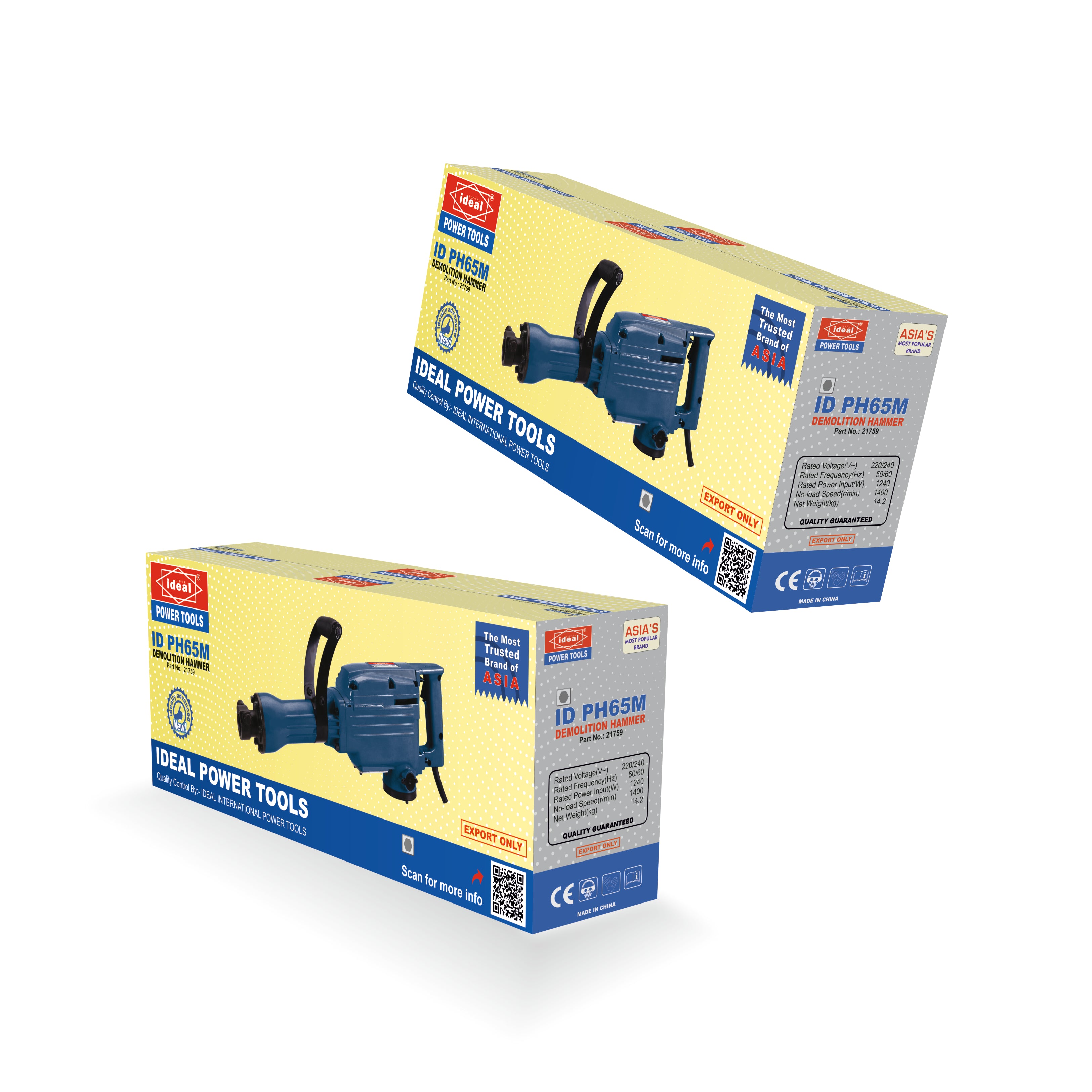 Two retail boxes of a power tool shown on a plain white background, angled diagonally to show different sides of the packaging.