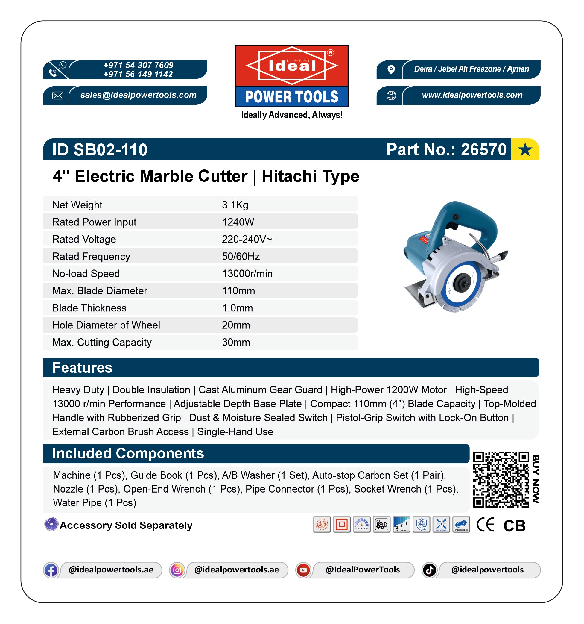 ID SB02-110 4" ELECTRIC MARBLE CUTTER MACHINE [G-240V] [Hitachi Type] - 26570