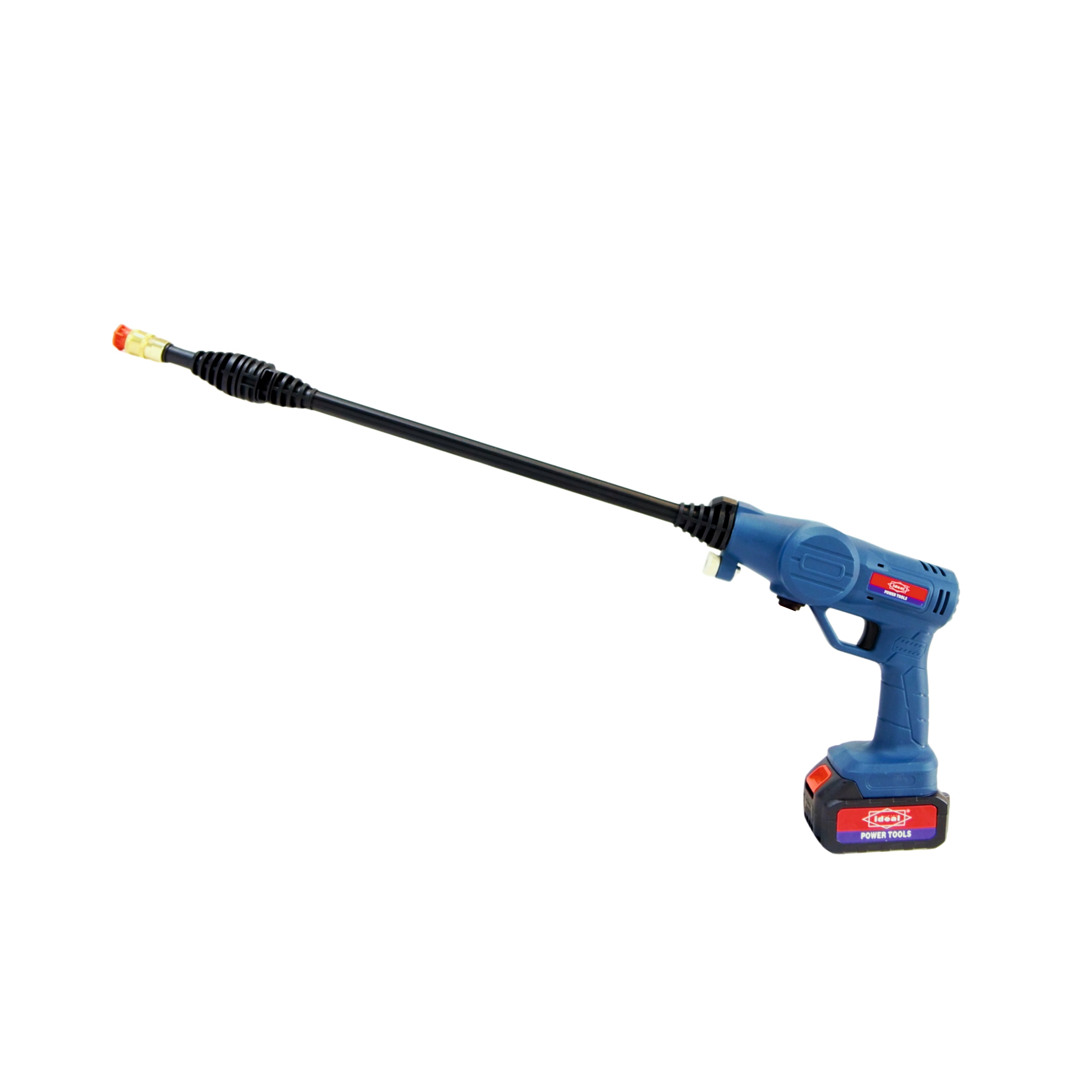 Blue pressure washer with long black hose on a white background