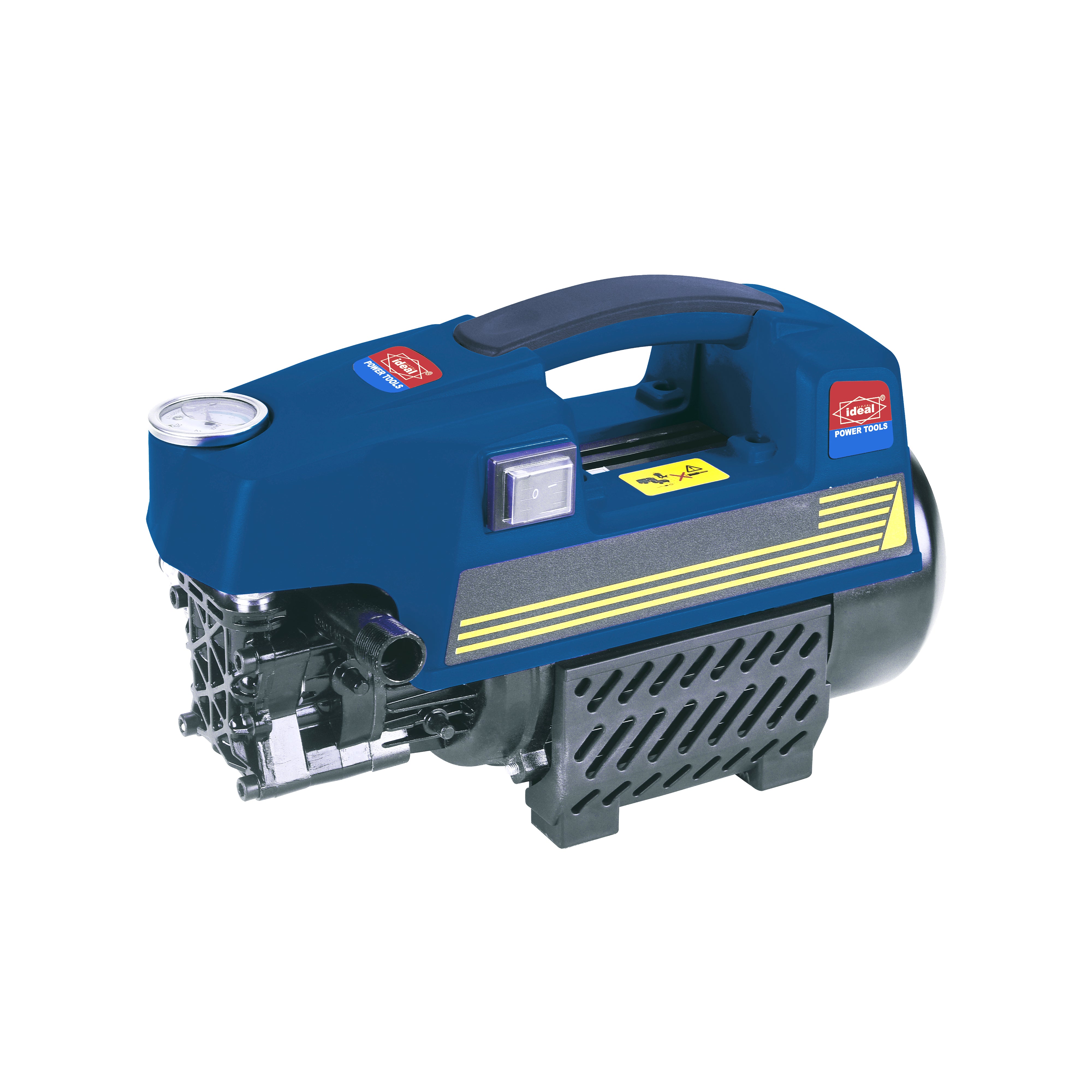 Blue and gray electric pressure washer with visible brand logos on a white background