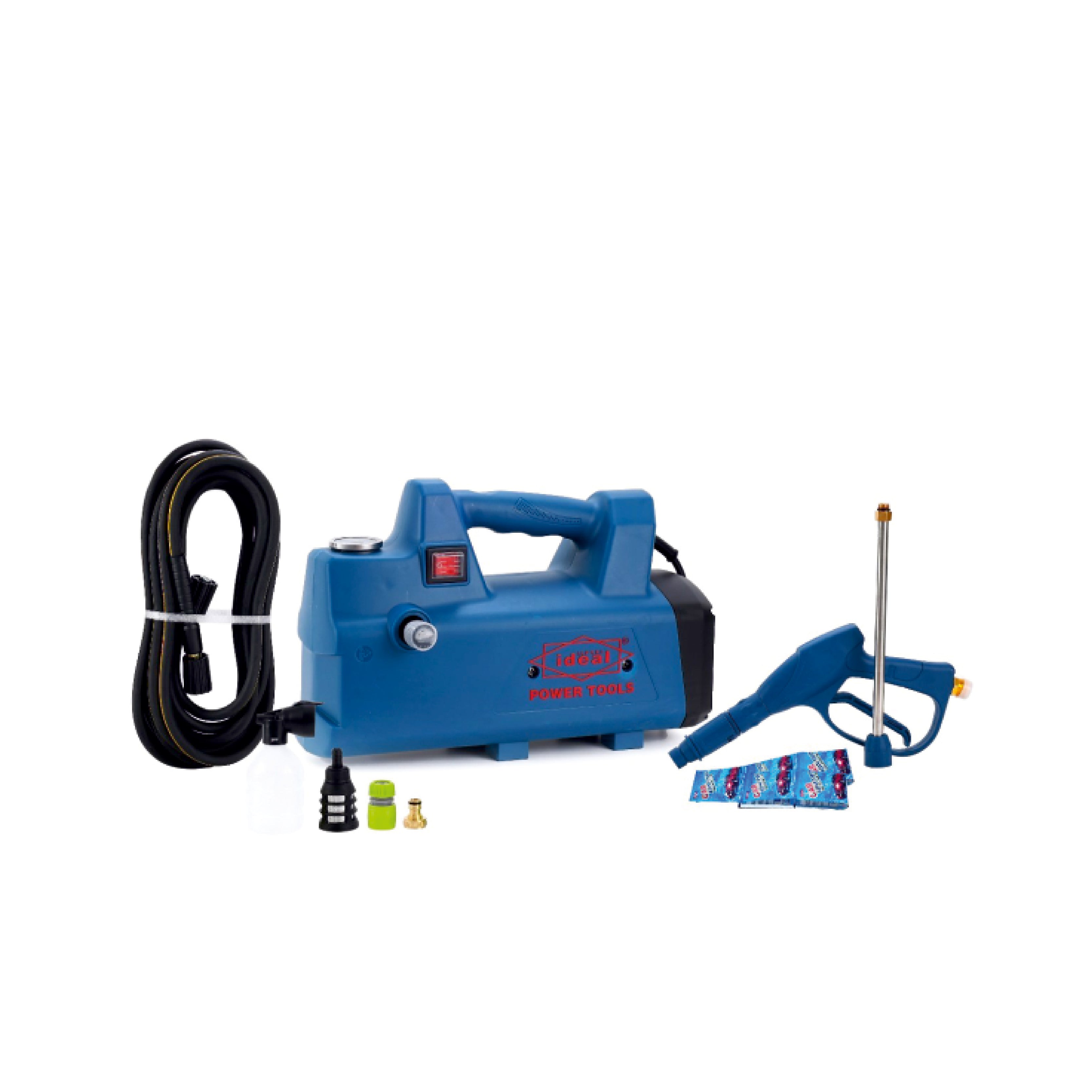  A blue portable pressure washer from Ideal Power Tools is displayed with its accessories, including a black hose, a spray gun with a wand, various nozzles, and cleaning solution packets, all on a white background.
