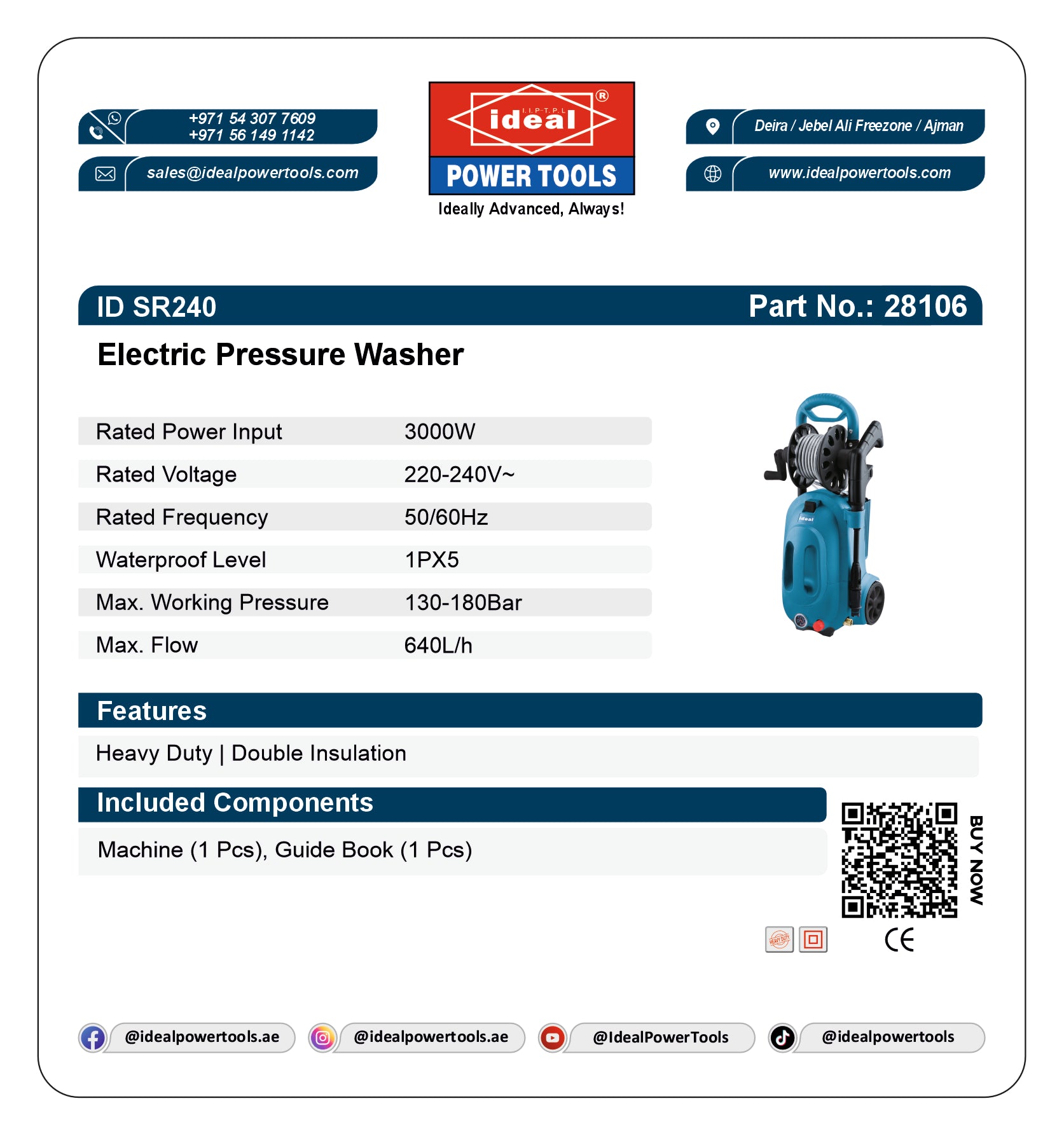 ID SR240 Electric Pressure Washer Machine [G-240V] - 3000W Heavy Duty Cleaner