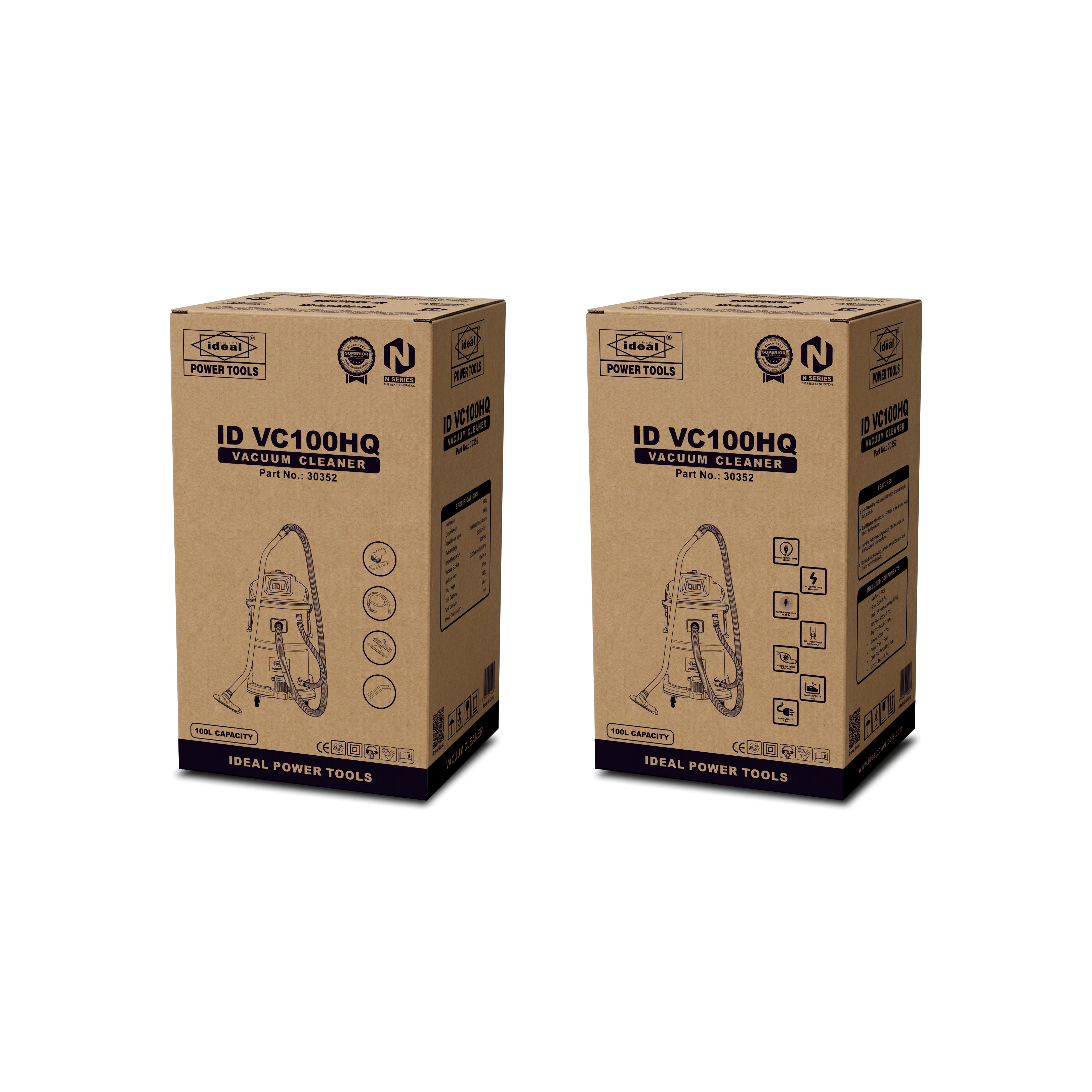 Two cardboard boxes of IDEAL POWER TOOLS ID VC100HQ vacuum cleaner on a white background